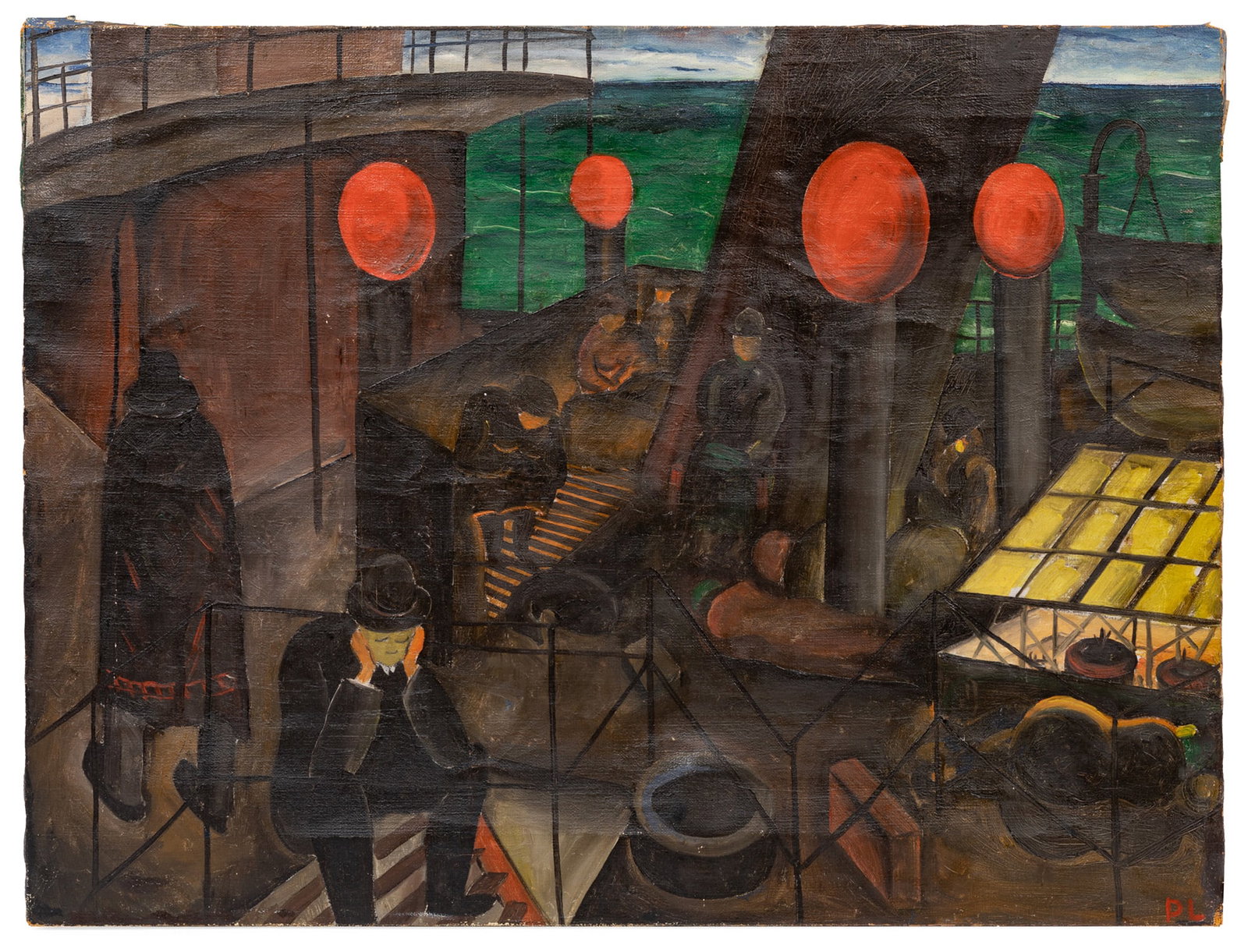 British School, c. 1930, Passengers on a Boat, oil on canvas: British School c. 1930 "Passengers on a Boat" oil on canvas initialed lower right, typed label on stretcher, unframed. 36 1/2 x 48 3/4 x 1 in. (92.7 x 123.8 x 2.5 cm.)