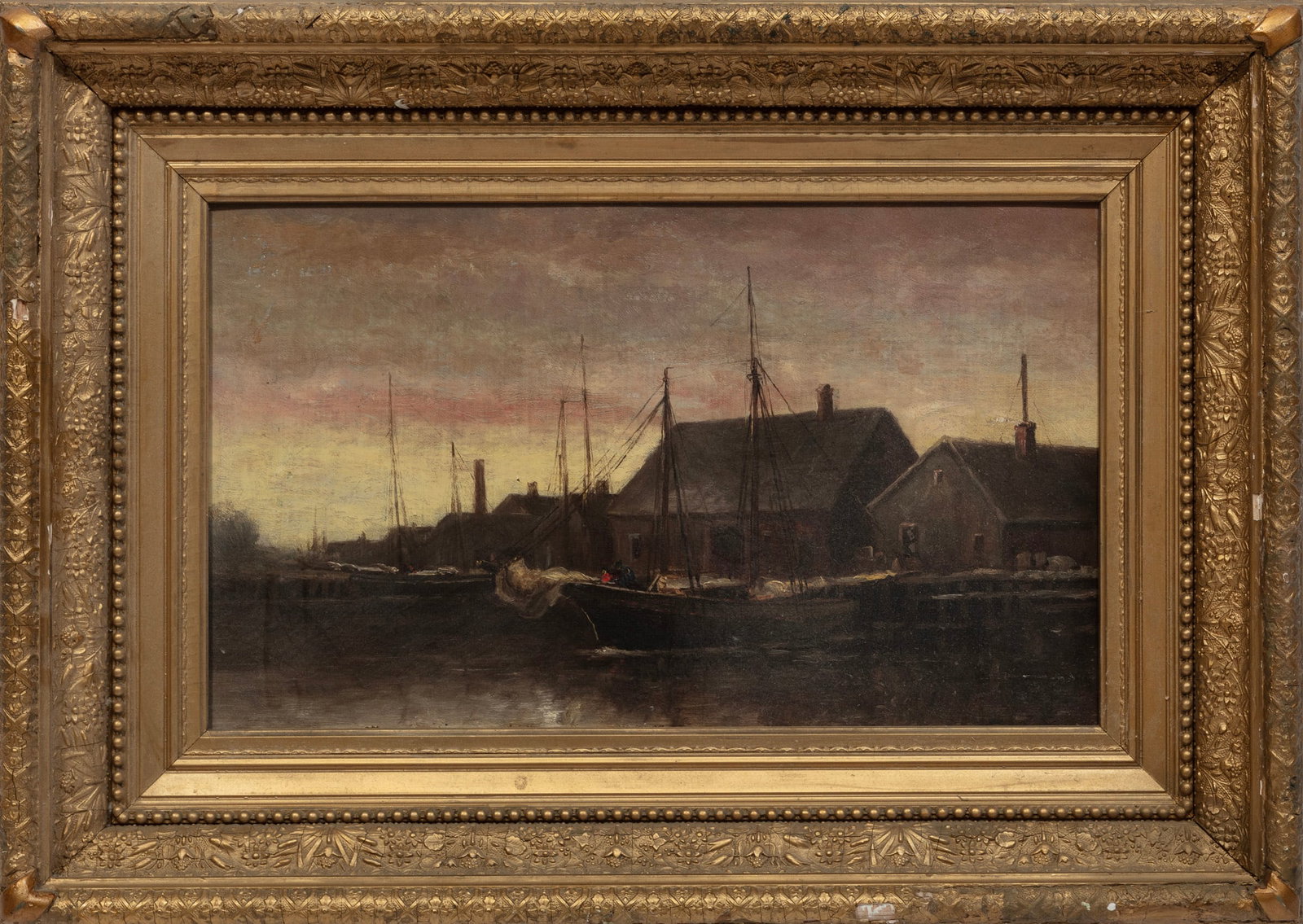 Continental School, 19th/20th c., Sunset at the Docks, oil on canvas: Continental School 19th/20th c. "Sunset at the Docks" oil on canvas faintly pencil-signed "Johnson" on stretcher, partially/illegibly signed on lower tacking edge, framed. 12 1/4 x 20 1/4 in. (31.1 x 