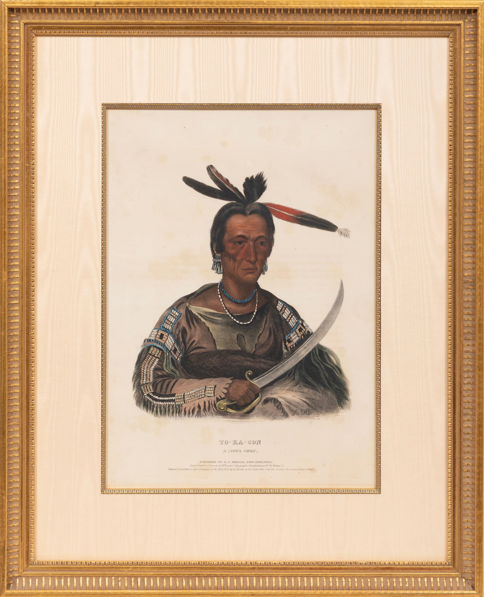 After Charles Bird King, To-Ka-Con, A Sioux Chief, hand-colored lithograph (1 of 2)