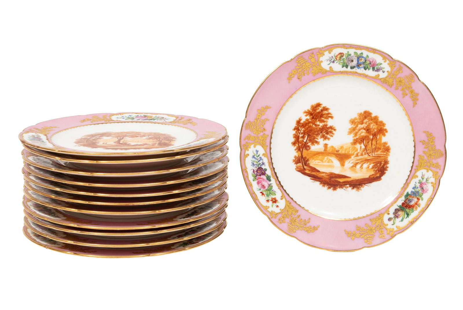 Twelve Paris Porcelain Cabinet Plates: Twelve Paris Porcelain Cabinet Plates, 19th c., signed Feuillet, the reserves painted with sepia scenes of Italian ruins, dia. 9 in.
