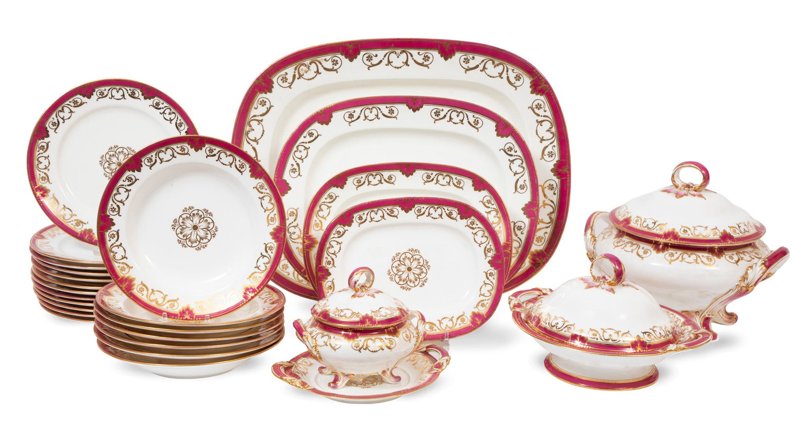 Antique Paris Porcelain Magenta and Gilt Decorated Dinner Service for Twelve, 30 Pieces (1 of 3)