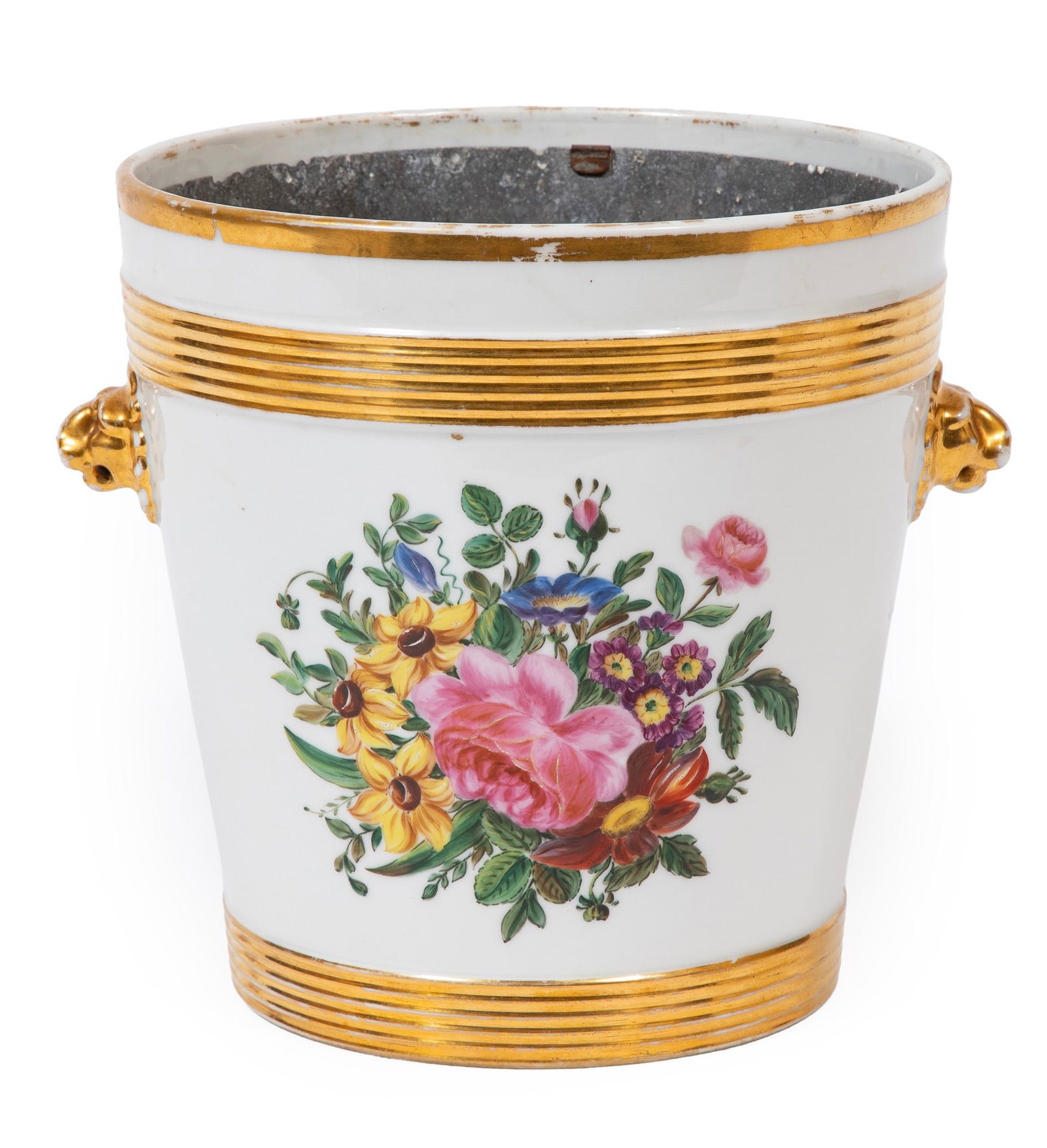 Large Paris Porcelain Gilt and Paint Decorated Cooler: Large Paris Porcelain Gilt and Paint Decorated Cooler with lead liner h. 8 in., w. 9 1/4 in., d. 7 3/4 in.