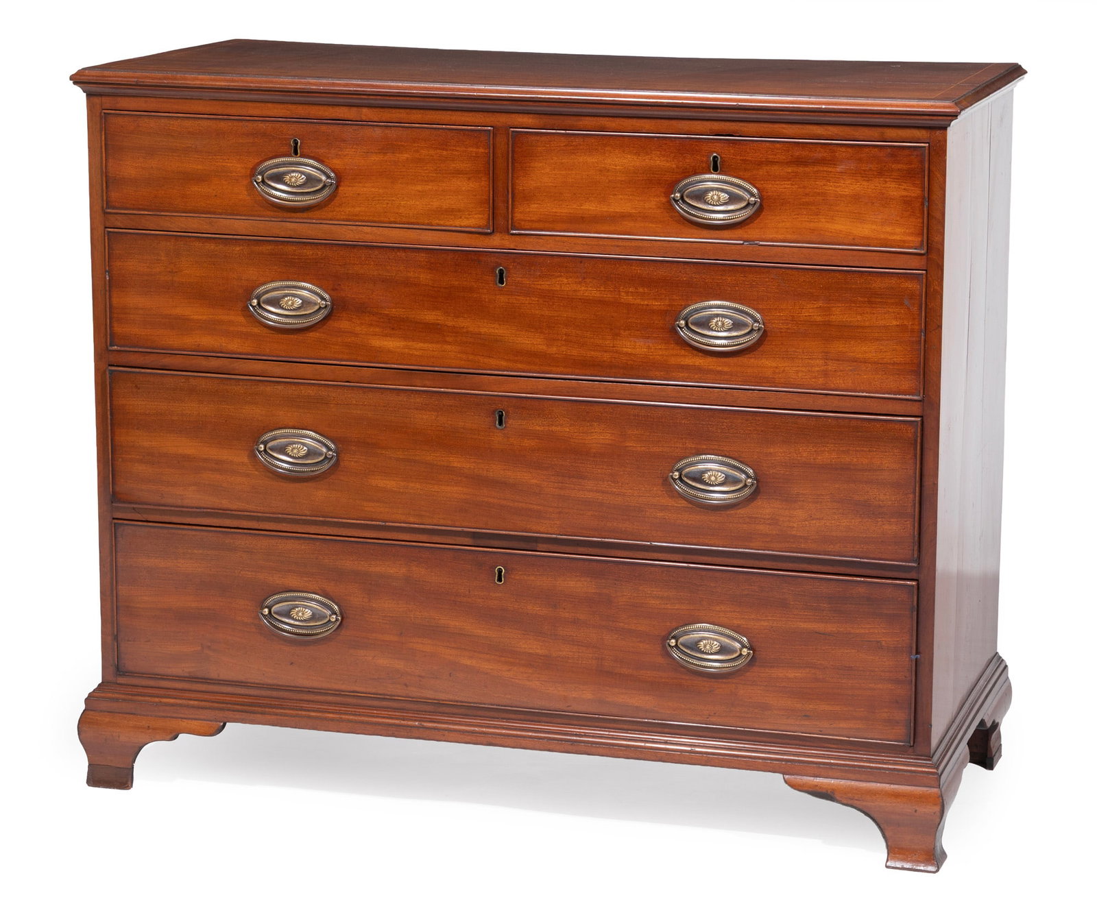 Georgian Inlaid Mahogany Chest of Drawers: Georgian Inlaid Mahogany Chest of Drawers 19th c., banded molded top, two short drawers over three long drawers, bracket feet 36 x 43 1/2 x 20 in. (91.4 x 110.5 x 50.8 cm.)