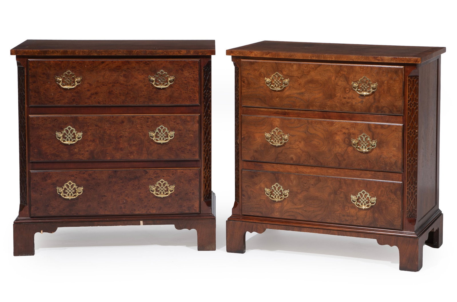 Pair of Georgian-Style Burl Walnut Chest of Drawers made by Baker Furniture: Pair of Chippendale-Style Burl Walnut Chest of Drawers 20th c., labeled Baker Furniture, banded top, three drawers, blind carved stiles, bracket feet 31 x 30 x 16 in. (78.7 x 76.2 x 40.6 cm.)