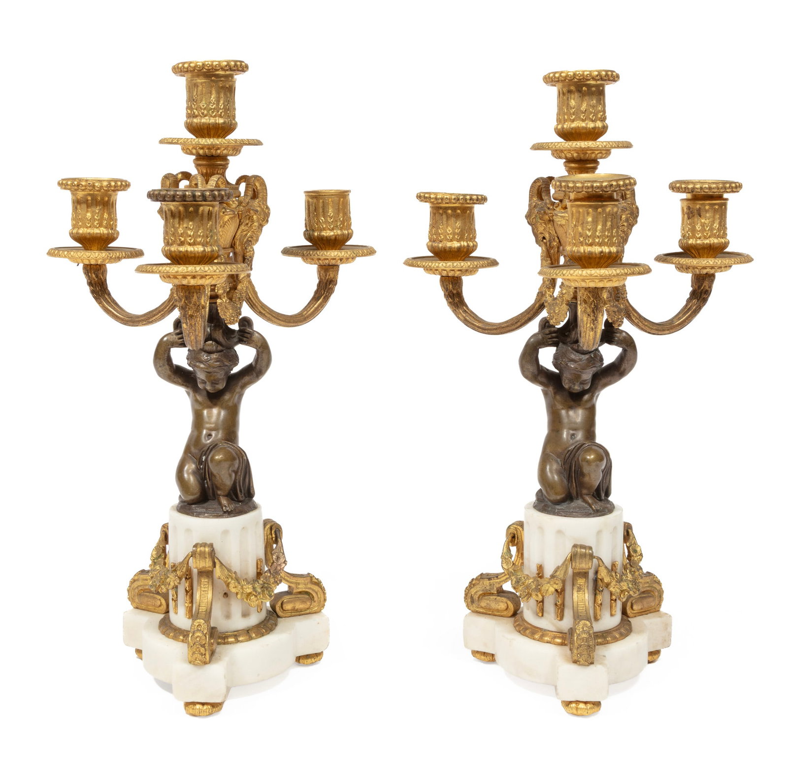 Pair of Antique French Gilt and Patinated Bronze and Marble Four-Light Candelabra (1 of 5)