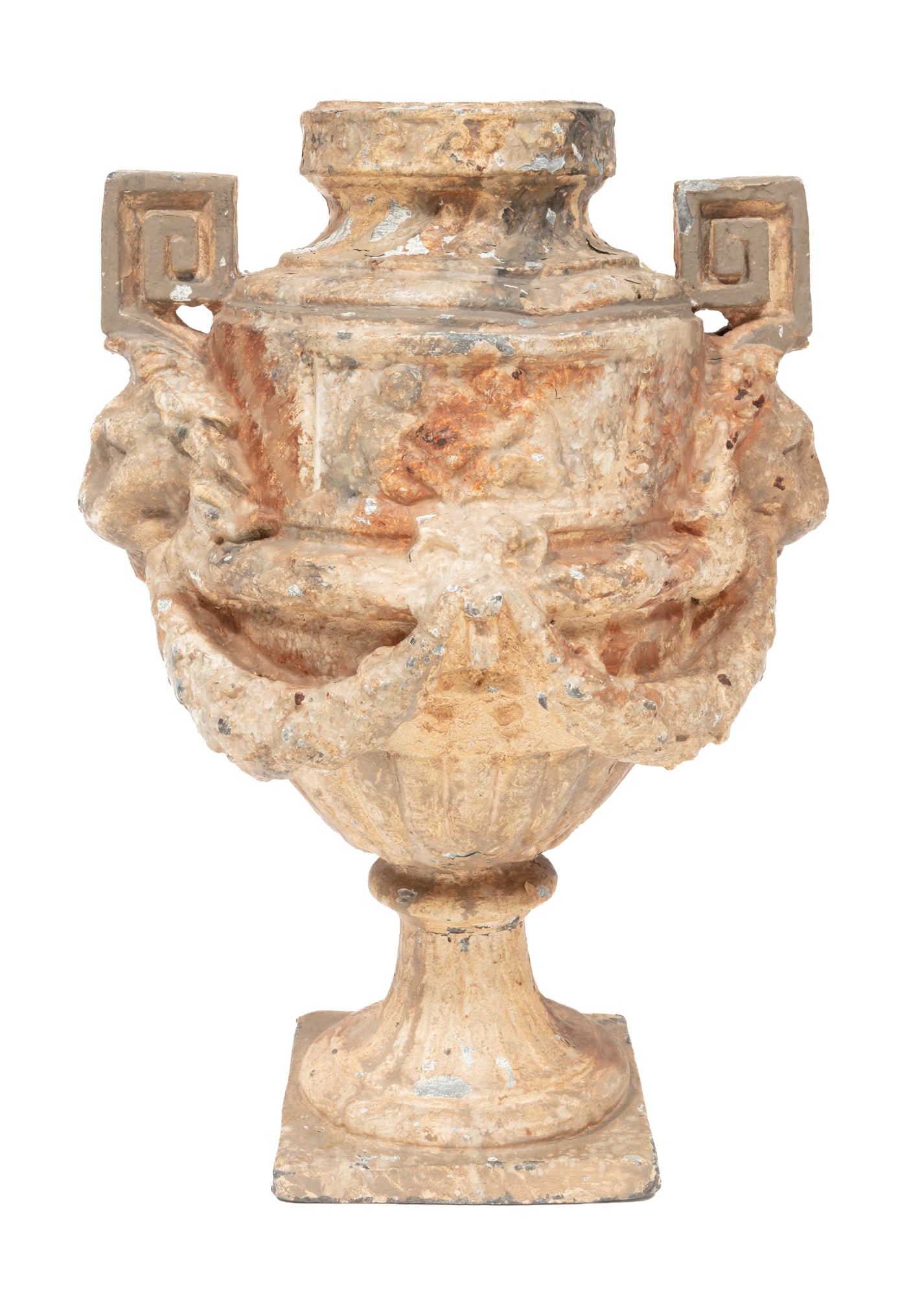 Antique Continental Painted Lead Urn: Antique Continental Painted Lead Urn Greek key and lion handles, with floral garlands 15 3/4 x 10 x 7 1/2 in. (40 x 25.4 x 19.1 cm.)