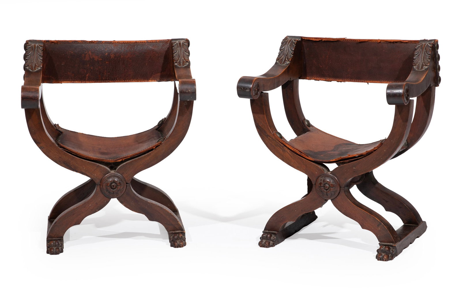 Pair of Italian Diminutive Carved Walnut Savonarola Chairs: Pair of Italian Diminutive Carved Walnut Savonarola Chairs 19th c., acanthus carved shoulders, folding X-form supports, paw feet 25 x 21 x 16 in. (63.5 x 53.3 x 40.6 cm.)