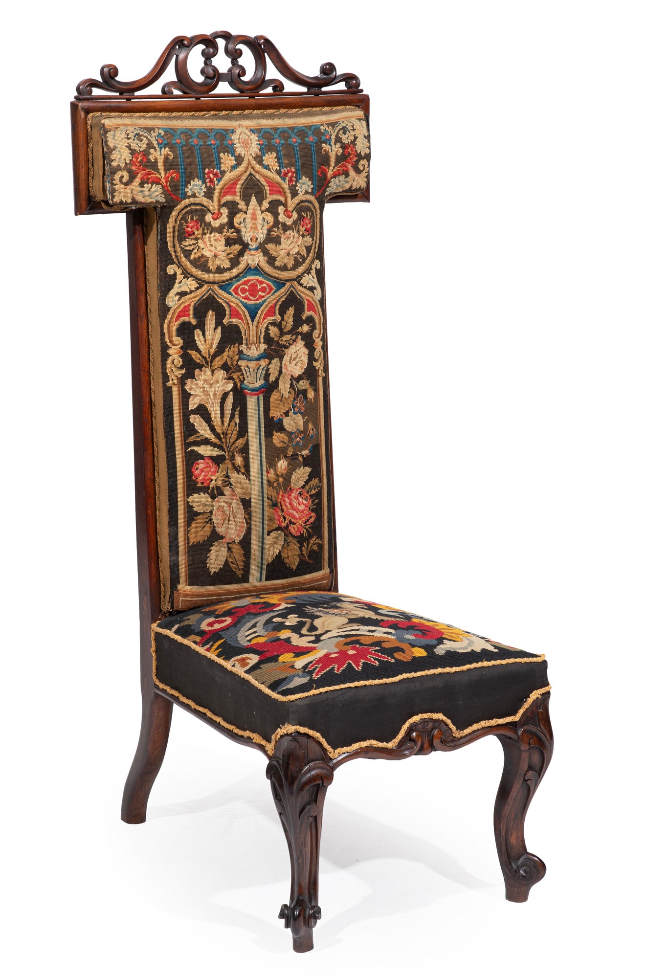 French Carved Rosewood Needlepoint Prie Dieu: French Carved Rosewood Needlepoint Prie Dieu 19th c., scrolling crest, molded frame, cabriole legs, scrolled toes 48 x 20 x 24 in. (121.9 x 50.8 x 61 cm.)