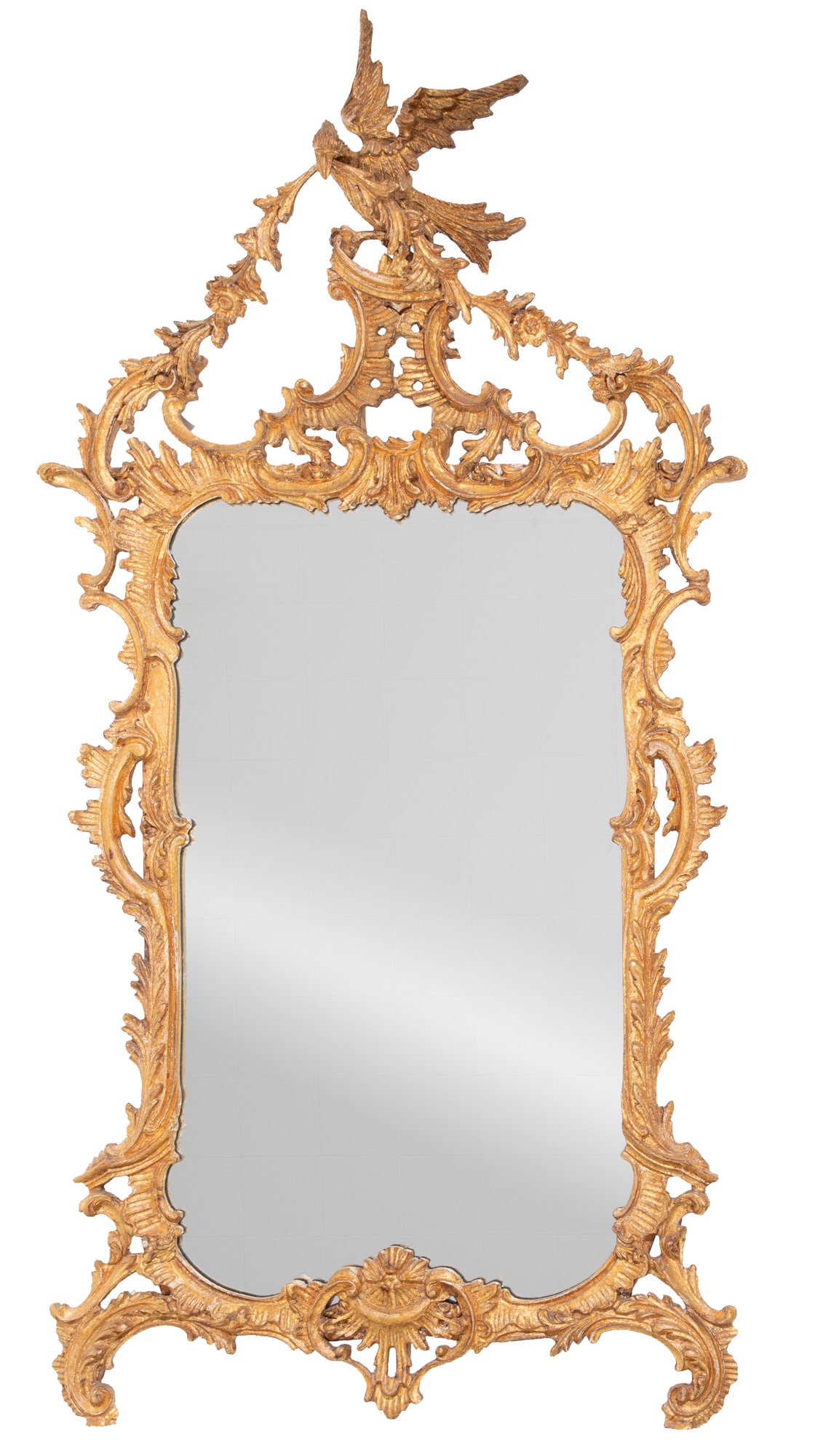 Rococo-Style Giltwood Mirror: Rococo-Style Giltwood Mirror bird and garland crest 68 x 44 in. (172.7 x 111.8 cm.)