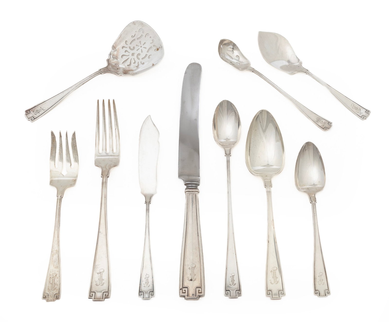 Gorham Etruscan Sterling Silver Flatware Service: Gorham "Etruscan" Sterling Silver Flatware Service, pat. 1913, designer William C. Codman; incl. 10 forks (l. 7 5/8 in.), 12 knives (hh, l. 9 3/4 in.), 12 salad forks, 12 dessert spoons, 10 teaspoons,