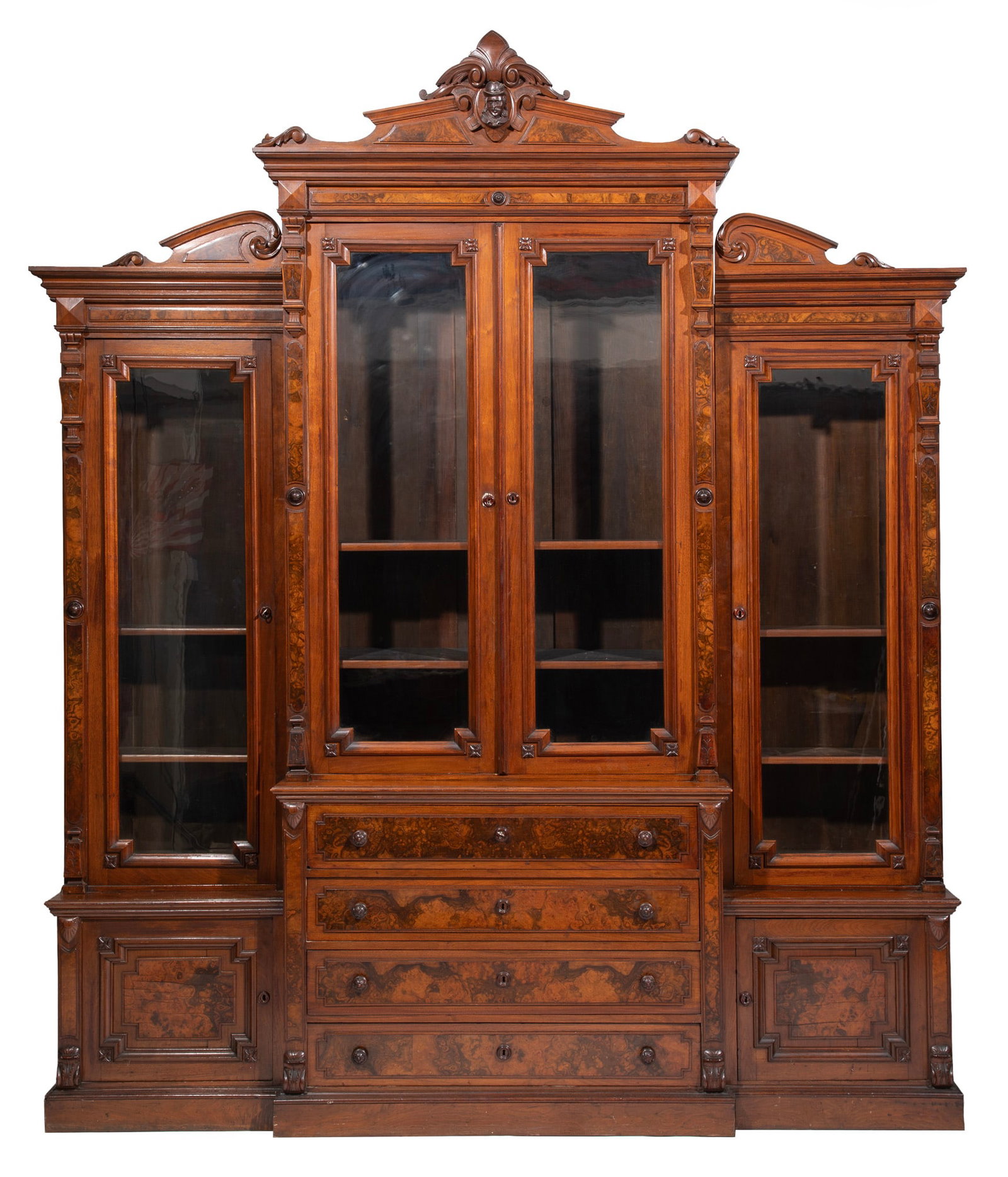American Renaissance Revival Burl Walnut Breakfront Secretary Bookcase: American Renaissance Revival Burl Walnut Breakfront Secretary Bookcase 19th c., Probably New York, scrolled crest with center mask, molded cornice, molded glazed doors, fall front escritoire drawer wi