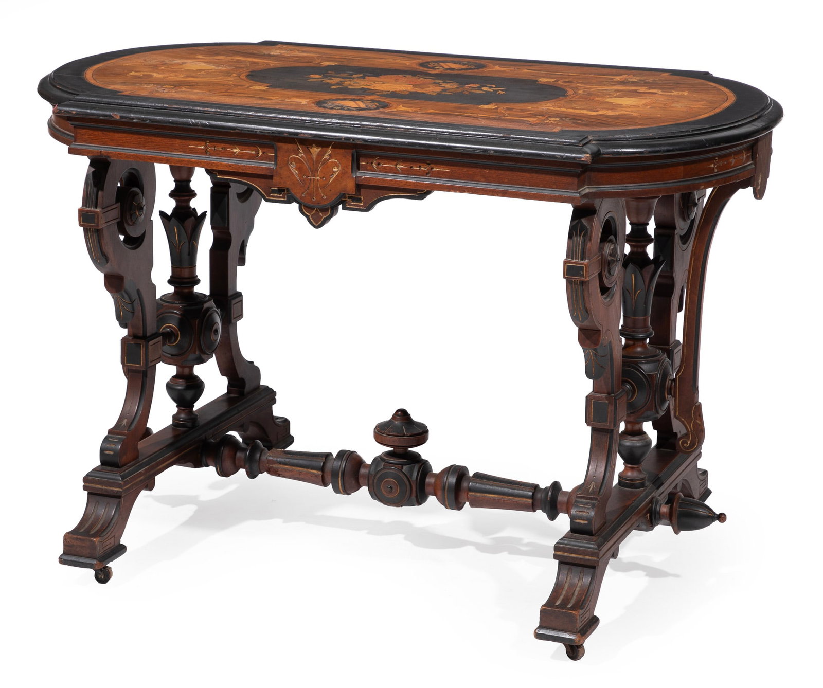 American Renaissance Revival Inlaid, Gilt Incised and Ebonized Center Table, attributed to Kilian: American Renaissance Revival Inlaid, Gilt Incised and Ebonized Walnut Center Table 19th c., attributed to Kilian Brothers, New York, bottom with "52" in black ink, top with musical trophee reserve inl