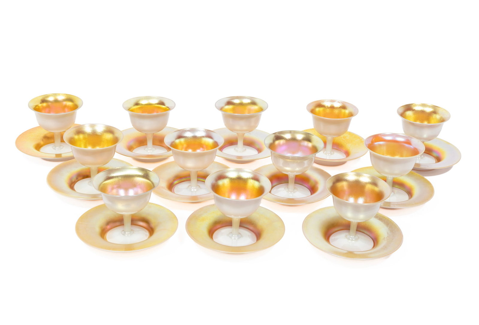 Twelve Steuben Gold Aurene and Calcite Glass Sherbets and Underplates (1 of 4)