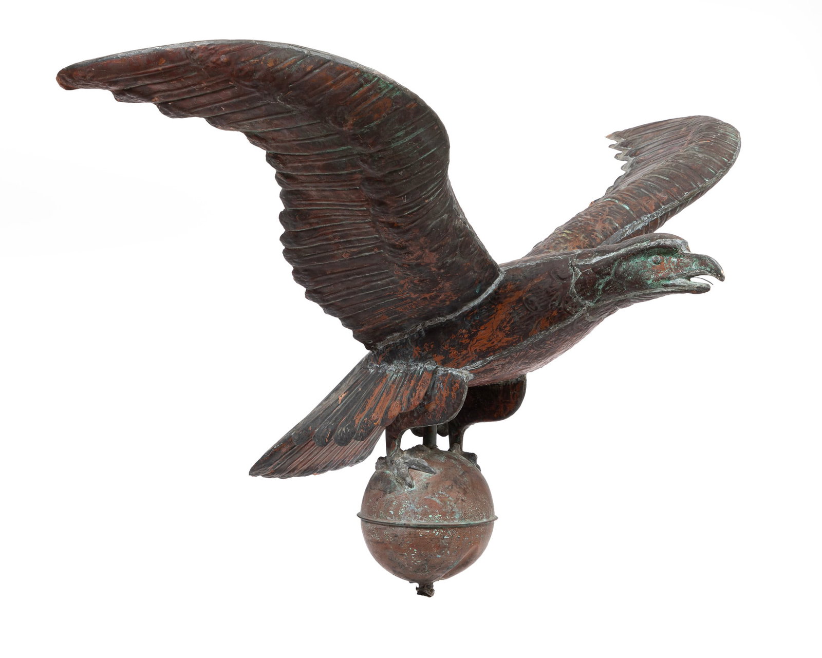 Antique American Copper Eagle Weathervane: Antique American Copper Eagle Weathervane late 19th c., attributed to J.W. Fiske, h. 26 in., w. 37 in., d. 18 in. Note: See 1881 J.W. Fiske Illustrated Catalog, pgs. 33-37 for similar examples. Proven