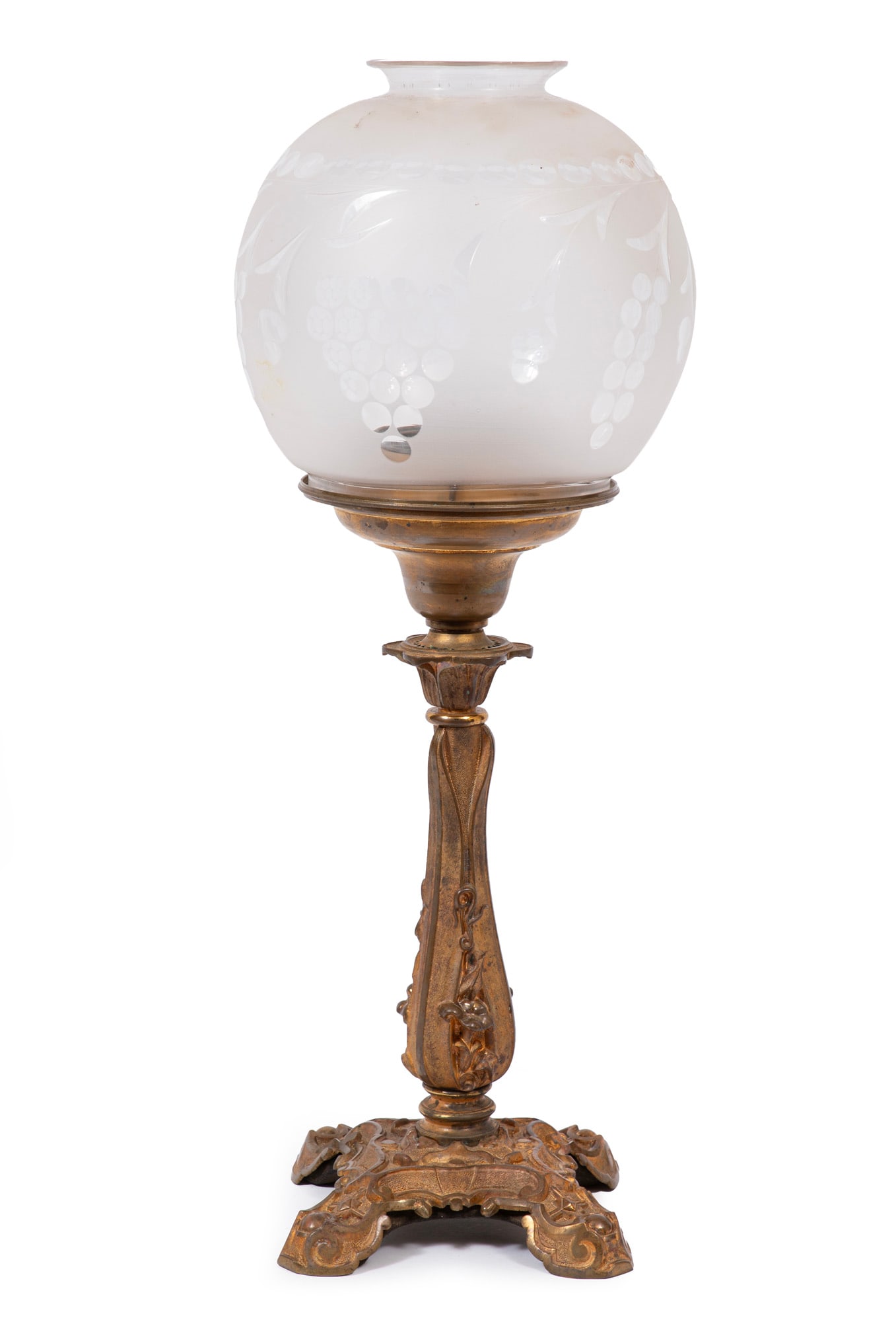 Antique American Rococo Gilt Brass Solar Lamp: American Rococo Gilt Brass Solar Lamp , mid-19th c., foliate baluster standard, globular shade with vintage decoration and flared rim, burner mechanism partially intact, h. 24 in.
