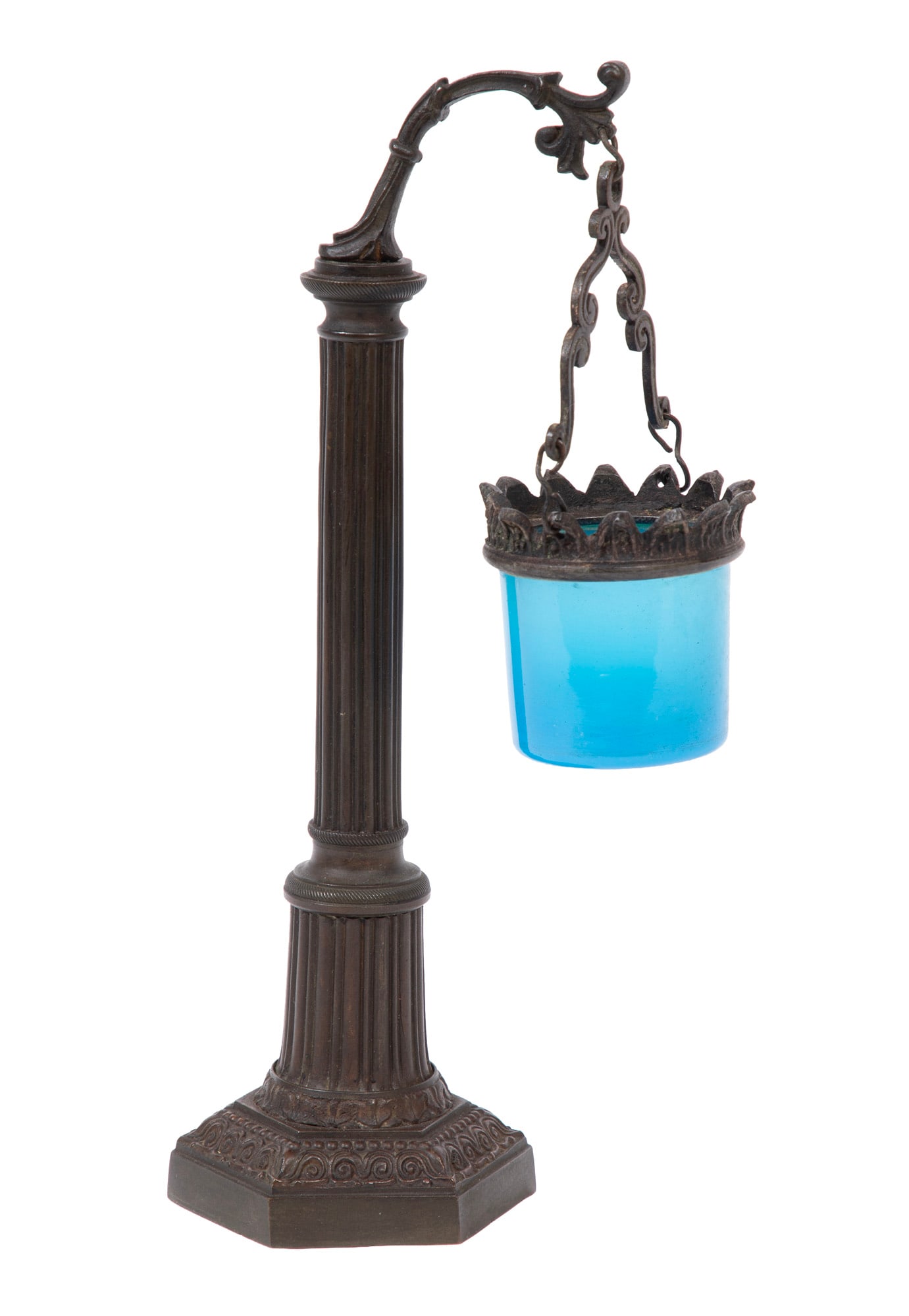 Antique American or Continental Bronze and Blue Glass Lamp (1 of 3)