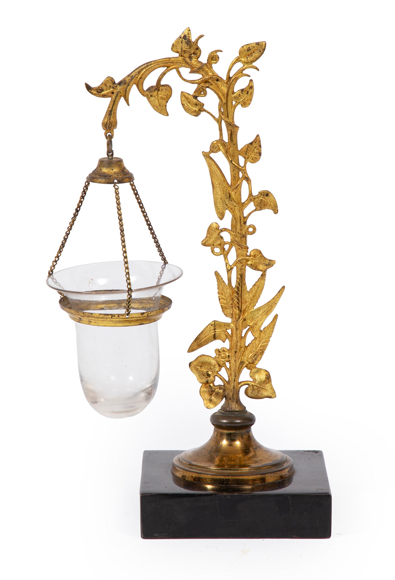 Antique American Gilt and Ebonized Brass Single-Light Lamp: American Gilt and Ebonized Brass Single-Light Lamp , mid-19th c., arched foliate standard suspending a lantern frame holding a clear blown glass bell-form candle cup, h. 10 ? in., w. 6 1/2 in., d. 4 i