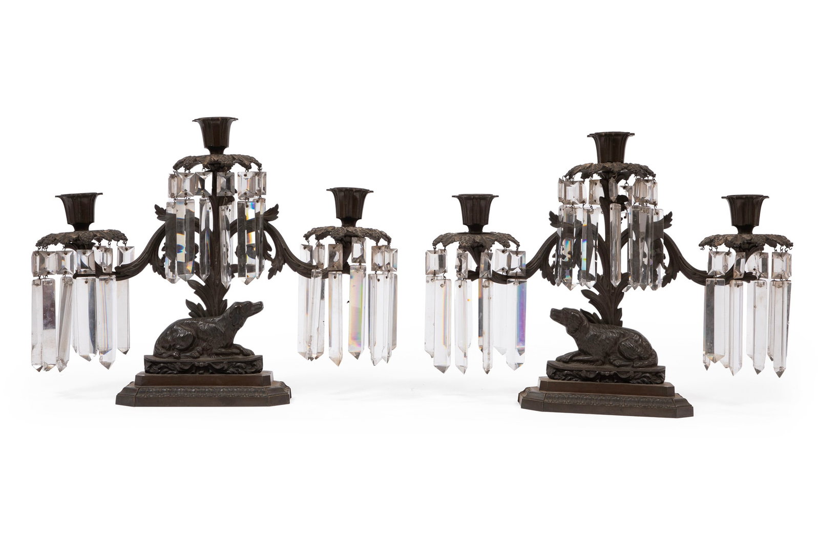 Pair of Antique American Three-Light Girandoles: Pair of Antique American Three-Light Girandoles , featuring a waiting hound at each base h. 13 3/4 in., w. 17 1/2 in., d. 5 in.