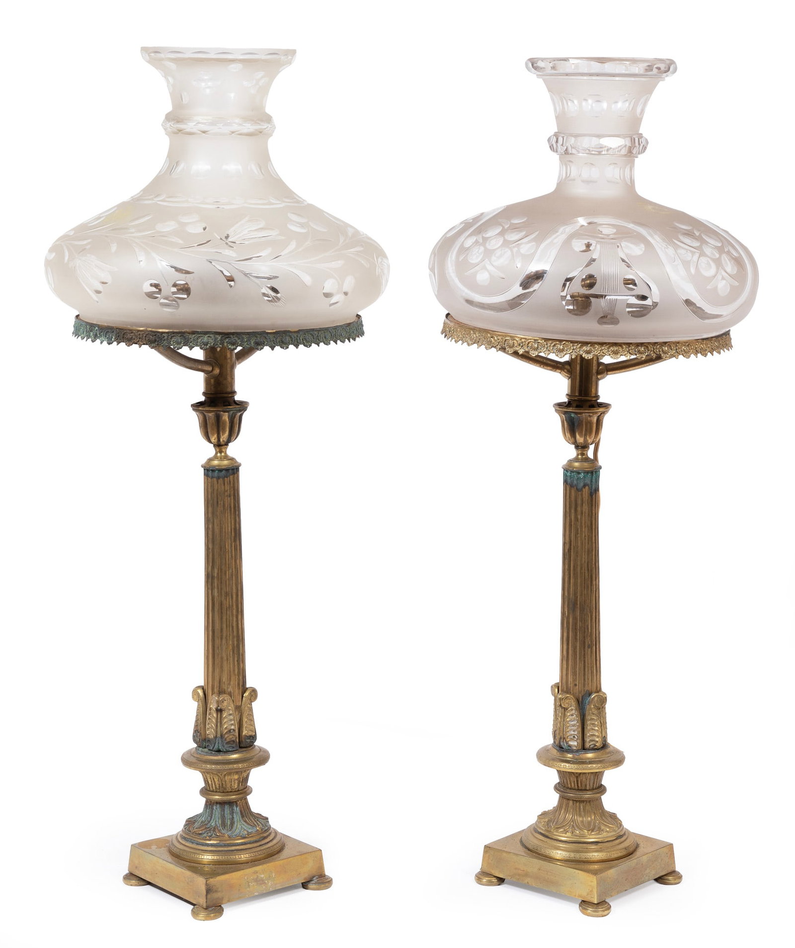 Pair of Antique American Classical Gilt Brass and Frosted and Etched Glass Astral Lamps, electrified: Pair of American Classical Gilt Brass and Frosted and Etched Glass Astral Lamps , mid-19th c., fluted columnar standard, electrified but retaining partial burner mechanism, shades with floral decorati