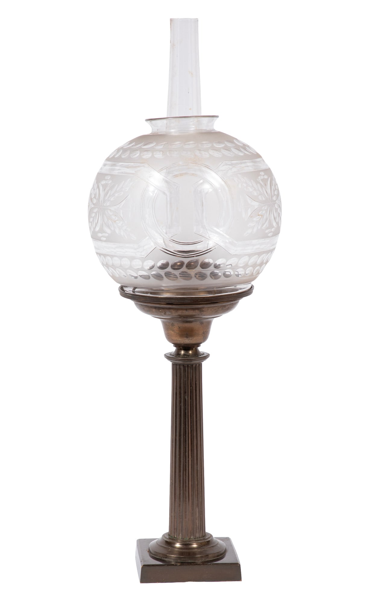 Antique American Patinated Bronze and Frosted and Cut-Glass Solar Lamp (1 of 6)