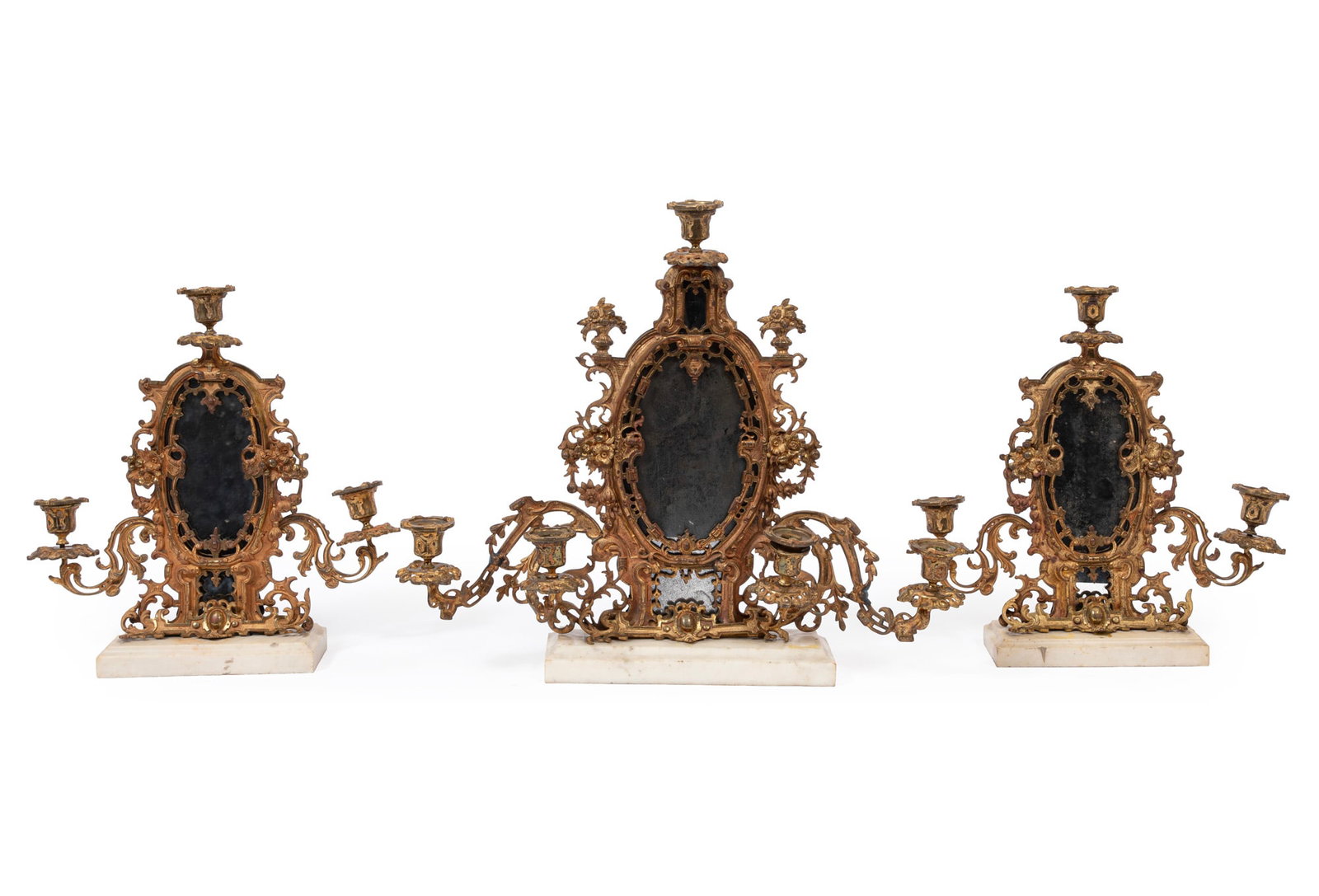 Antique English or American Gilt Brass and White Marble Three-Piece Mirrored Girandole Garniture (1 of 3)
