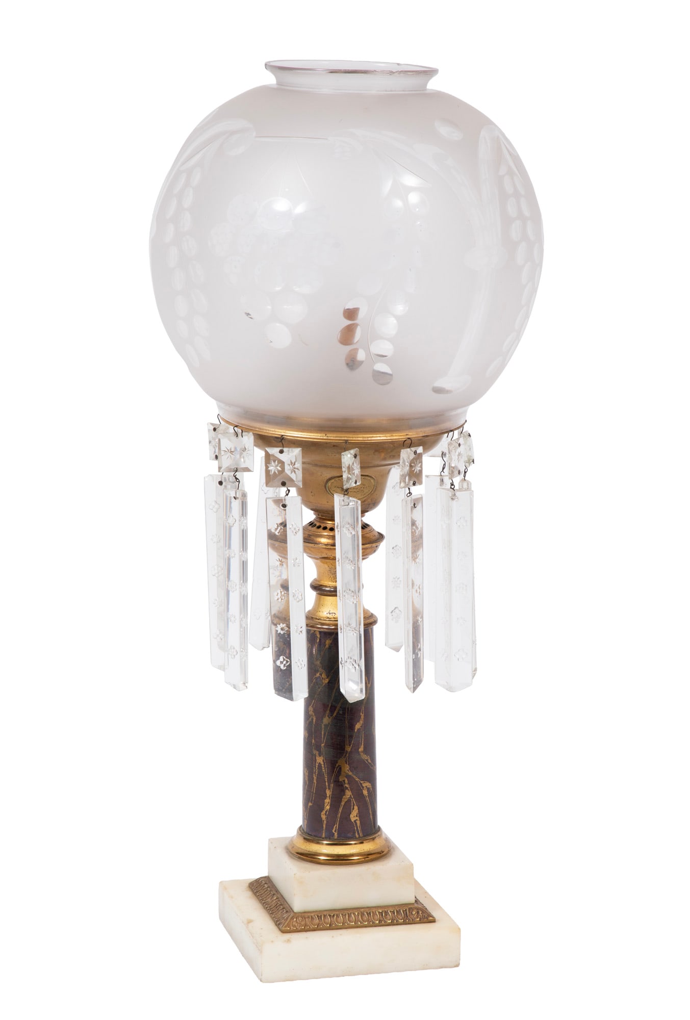Antique American Gilt and Damascene Brass Solar Lamp: American Gilt and Damascene Brass Solar Lamp 19th c., Cornelius & Co., Phila., stepped marble base, electrified, h. 23 in., dia. 9 in.