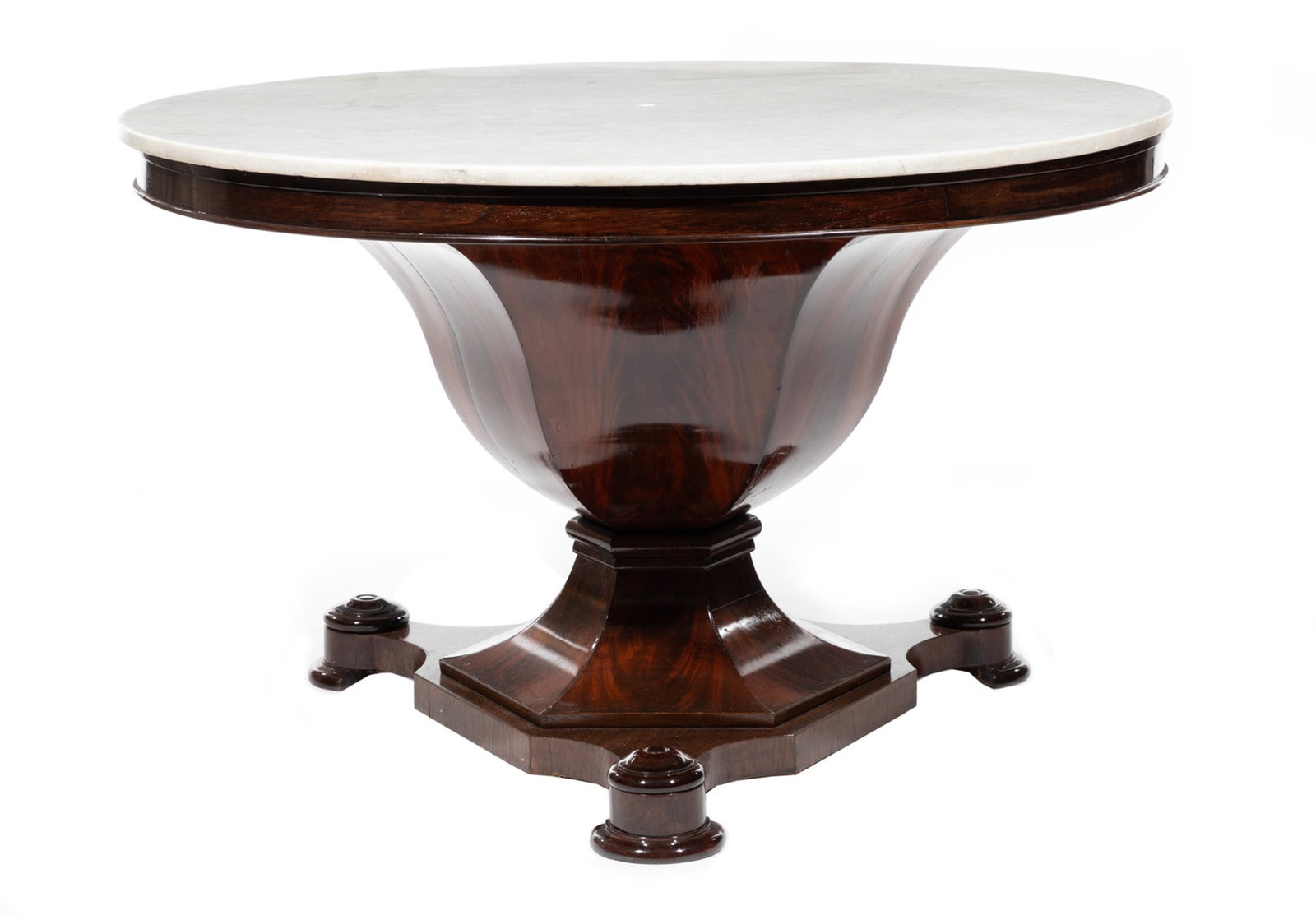 American Classical Mahogany Center Table: American Classical Mahogany Center Table , 19th c., possibly Boston, marble top, molded frieze, large hexagonal urn form standard, trefoil plinth base, turned disk pads, h. 30 in., dia. 48 in. h. 30 i