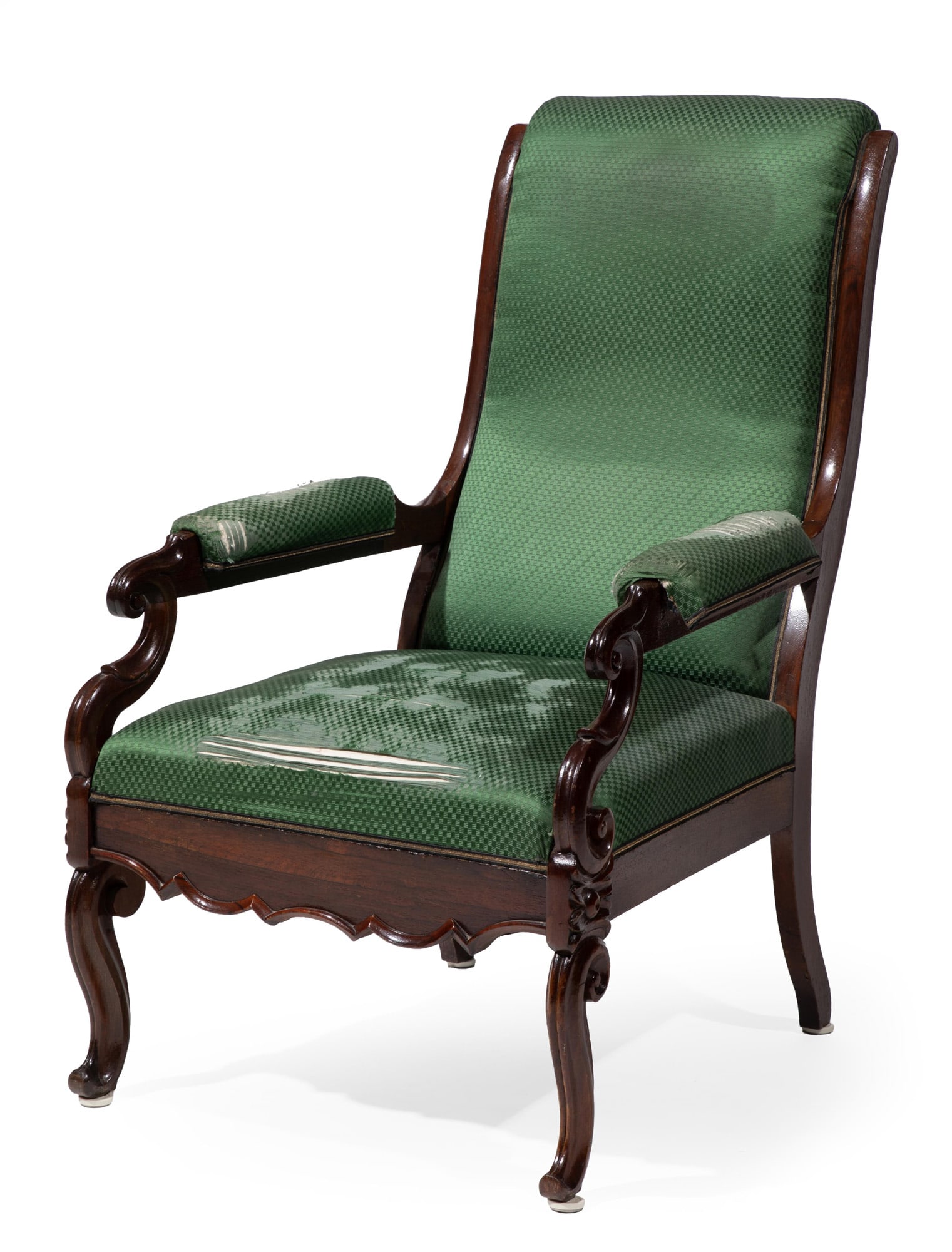 19th c. Baltimore American Late Classical Rosewood Lolling Armchair: American Late Classical Rosewood Lolling Armchair 19th c., probably Baltimore, shaped back, padded scrolled arms, scrolled legs. 41 1/2 x 25 x 33 in. (105.4 x 63.5 x 83.8 cm.)