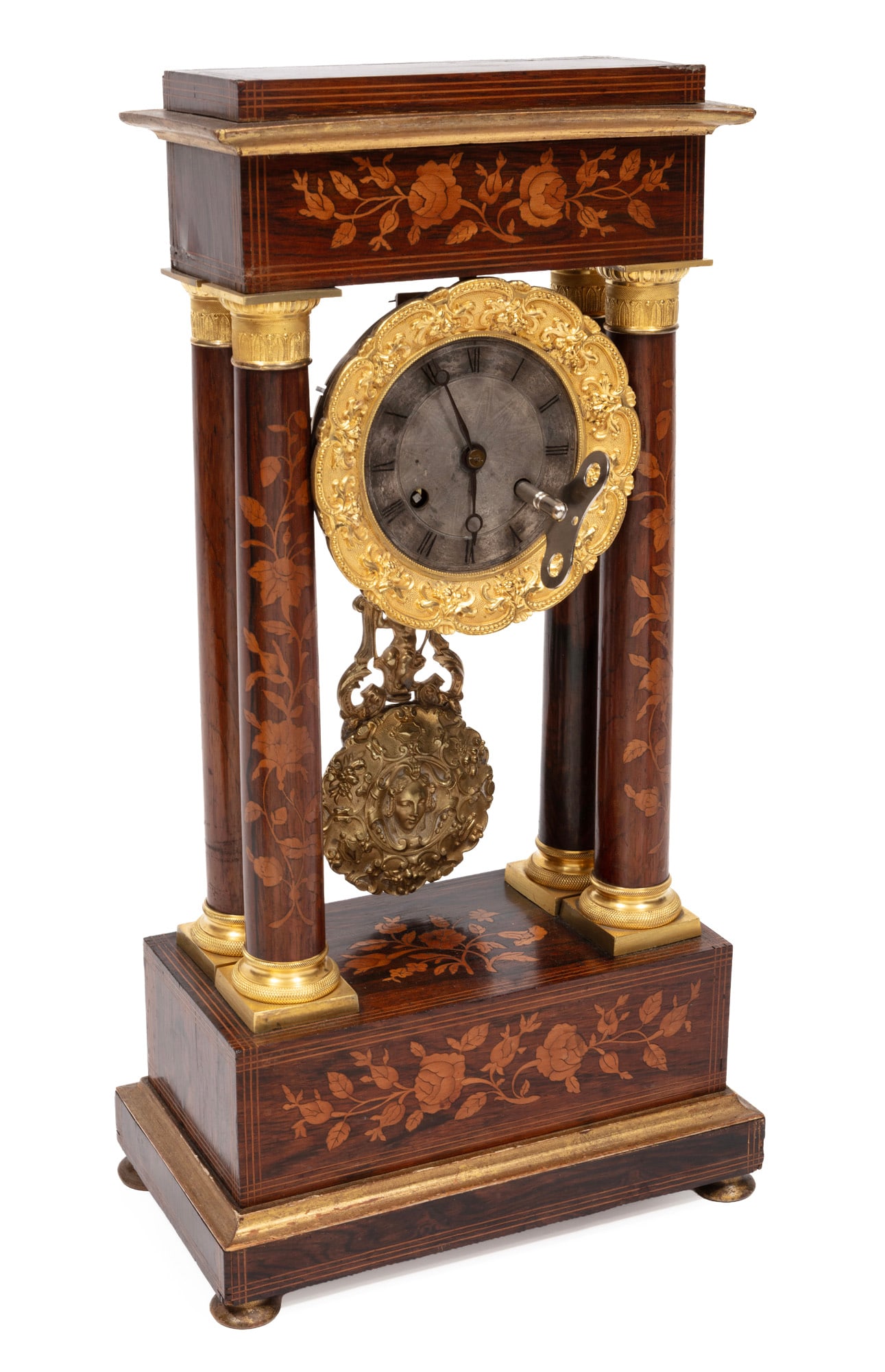 Antique Louis Philippe Bronze-Mounted Marquetry Inlaid Rosewood Portico Clock (1 of 6)