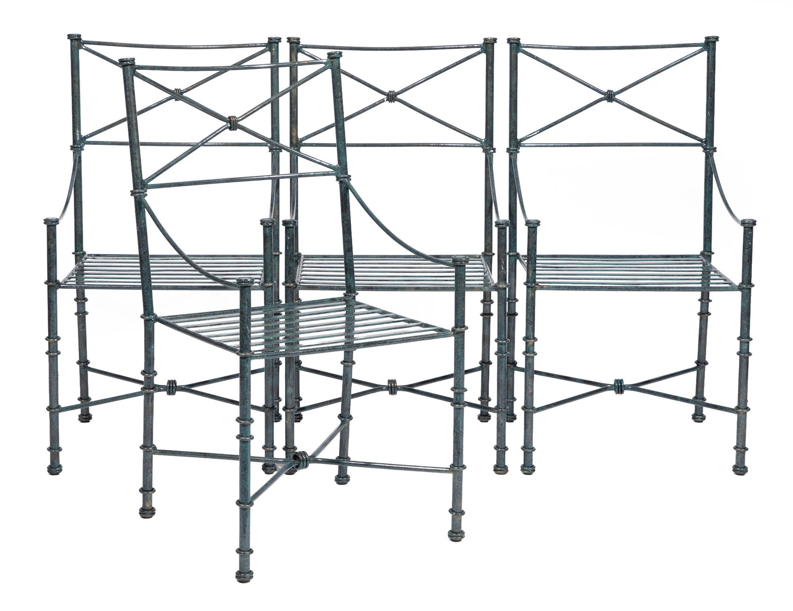 Four Giacometti-Style Patinated Metal Armchairs: Four Giacometti-Style Patinated Metal Armchairs, ringed posts, slat seats 37 1/2 x 20 x 18 1/2 in. (95.3 x 50.8 x 47 cm.)