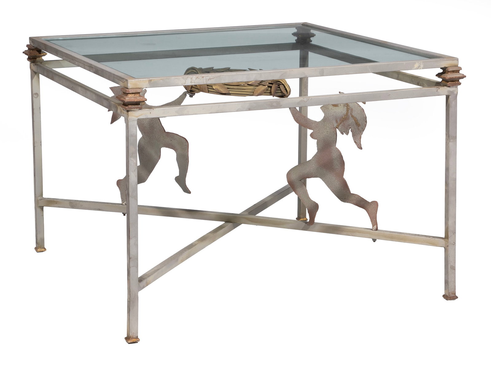 Mario Villa-Style Patinated Metal and Glass Figural Breakfast Table: Mario Villa-Style Patinated Metal and Glass Figural Breakfast Table square top, over cut-out figures holding a gilt laurel wreath 29 x 41 1/2 x 41 1/2 in. (73.7 x 105.4 x 105.4 cm.)