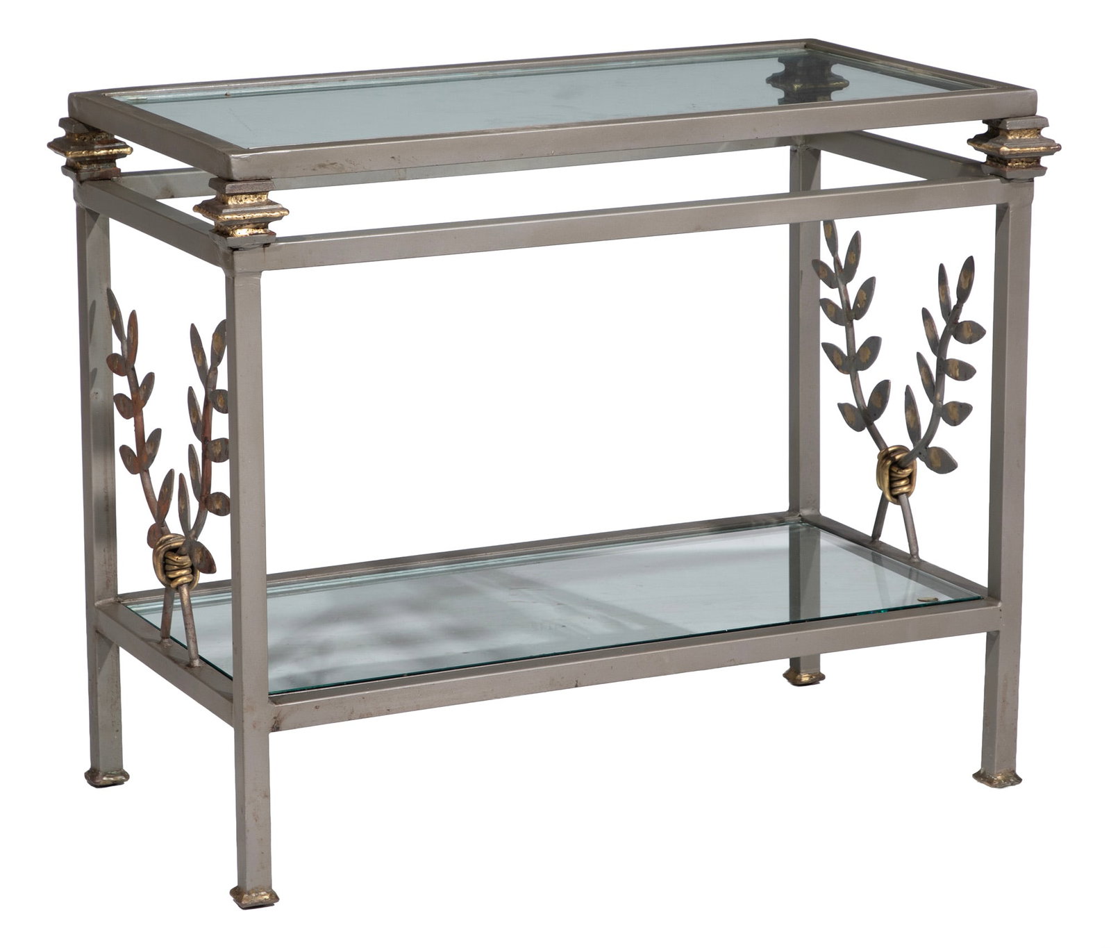 Mario Villa-Style Metal and Glass Side Table: Mario Villa-Style Metal and Glass Side Table two glass shelves, with foliate designs 27 1/2 x 33 1/2 x 18 1/2 in. (69.9 x 85.1 x 47 cm.)