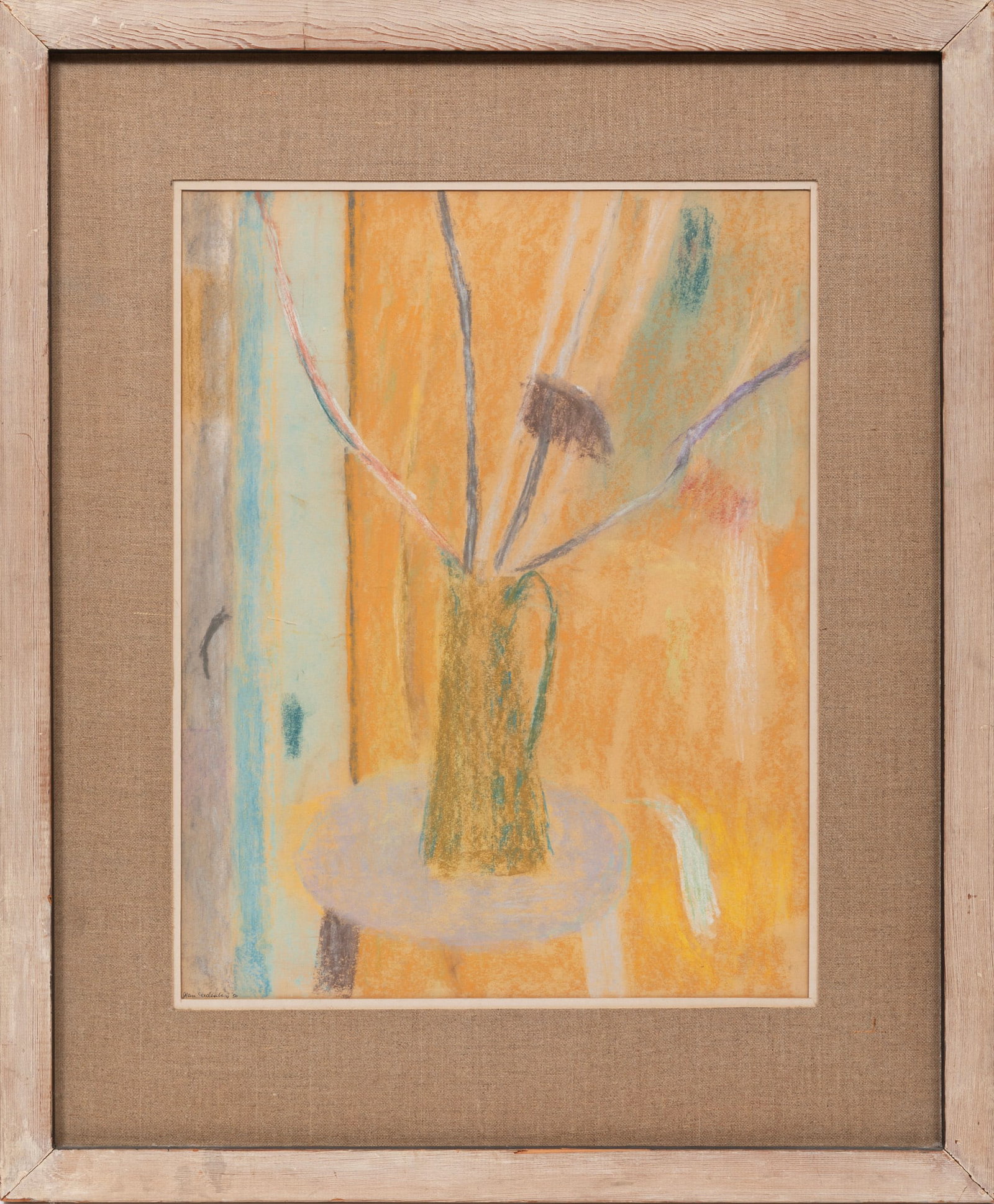 Jean Seidenberg, Still Life with Milkweed, 1950, pastel on paper laid on board: Jean Seidenberg American/Louisiana, 1930-2022 "Still Life with Milkweed" pastel on paper laid on board 1950, signed and dated lower left, titled en verso, framed. 22 x 17 in. (55.9 x 43.2 cm.),