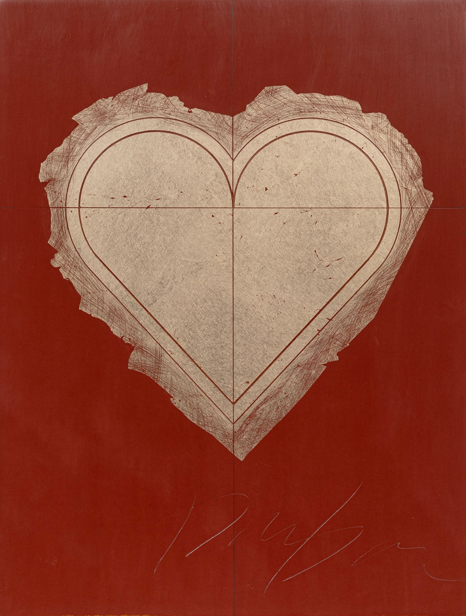George Dunbar, Heart, gold leaf on red clay: George Bauer Dunbar American/Louisiana, 1927-2024 ?Heart? gold leaf on red clay signed lower right, unframed 11 7/8 x 9 x 1/2 in. (30.2 x 22.9 x 1.3 cm.)