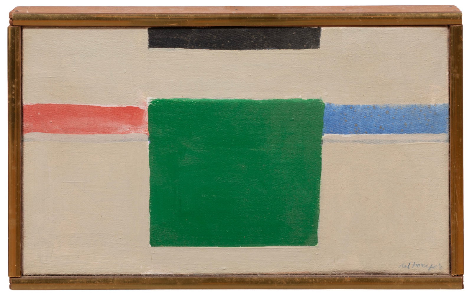 Ida Kohlmeyer, Crux, oil on canvas: Ida Rittenberg Kohlmeyer American/Louisiana, 1912-1997 "Crux" oil on canvas signed lower right, inscribed with title and typed label with artist and title on stretcher, framed. 8 x 13 3/4 in. (20.3 x 