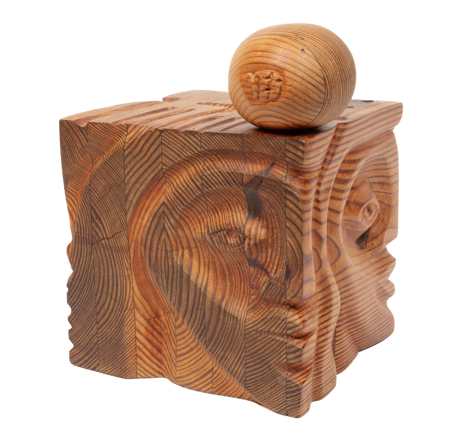 Frank Hayden, Untitled: Face with Yes or No Egg, carved wood (1 of 8)