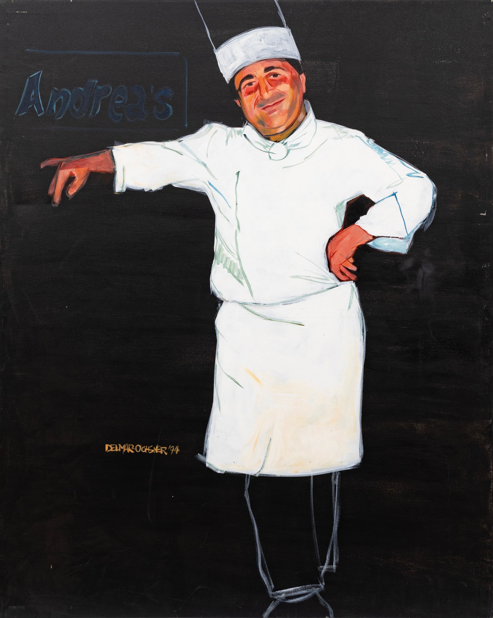 Rise Delmar-Ochsner, Chef Andrea Apuzzo, 1994, acrylic on gallery-wrapped canvas: Rise Delmar-Ochsner American/Louisiana, 1944-2025 ?Chef Andrea Apuzzo? acrylic on gallery-wrapped canvas 1994, signed and dated lower left, printed label en verso, unframed. 59 1/2 x 48 x 1 1/2 in. (1