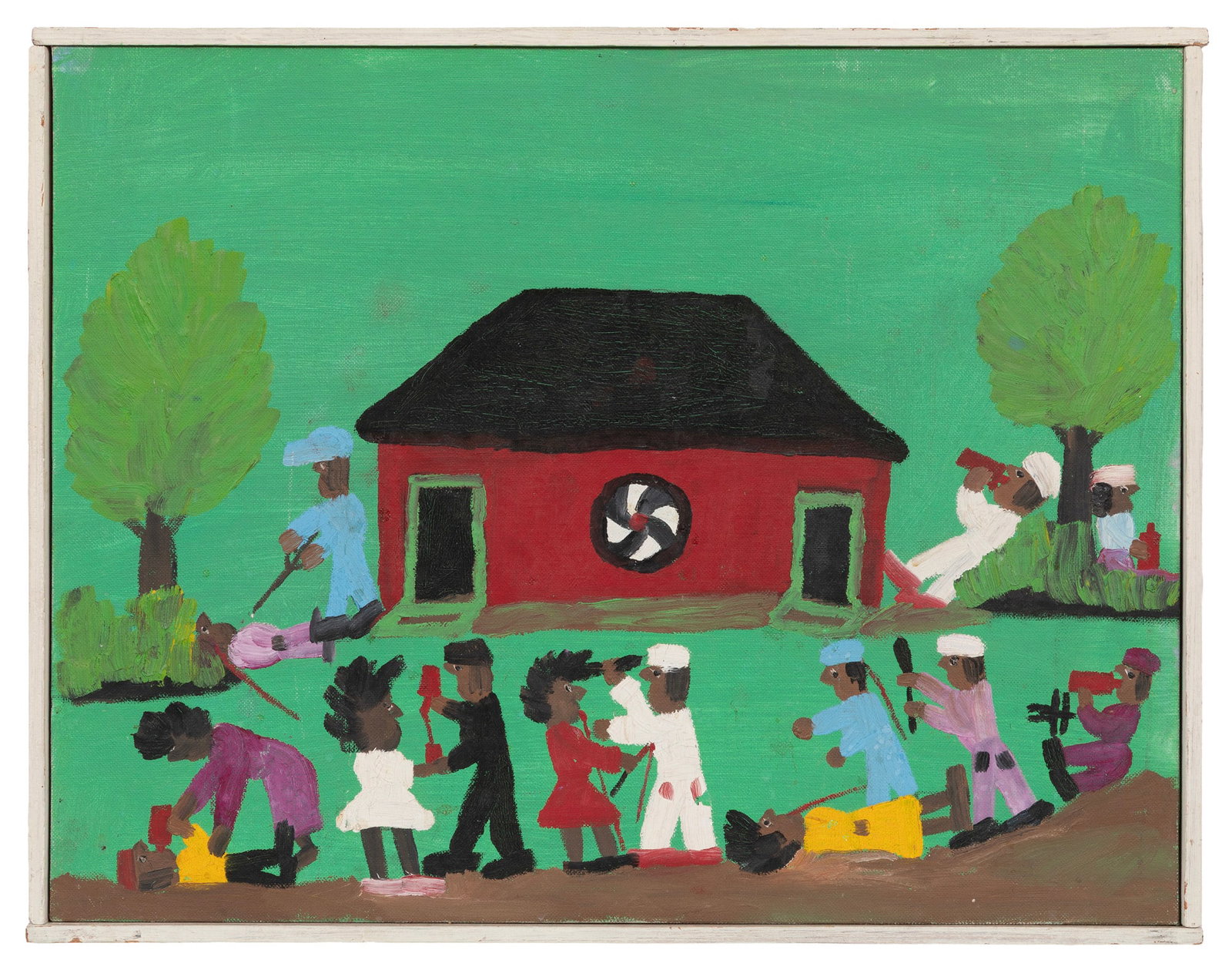 Clementine Hunter, Saturday Night at the Juke Joint, oil on canvas board: Clementine Hunter American/Louisiana, 1886-1988 ?Saturday Night at the Juke Joint" oil on canvas board monogrammed lower right, inscribed with title en verso, framed. 14 x 18 in. (35.6 x 45.7 cm.), Fr