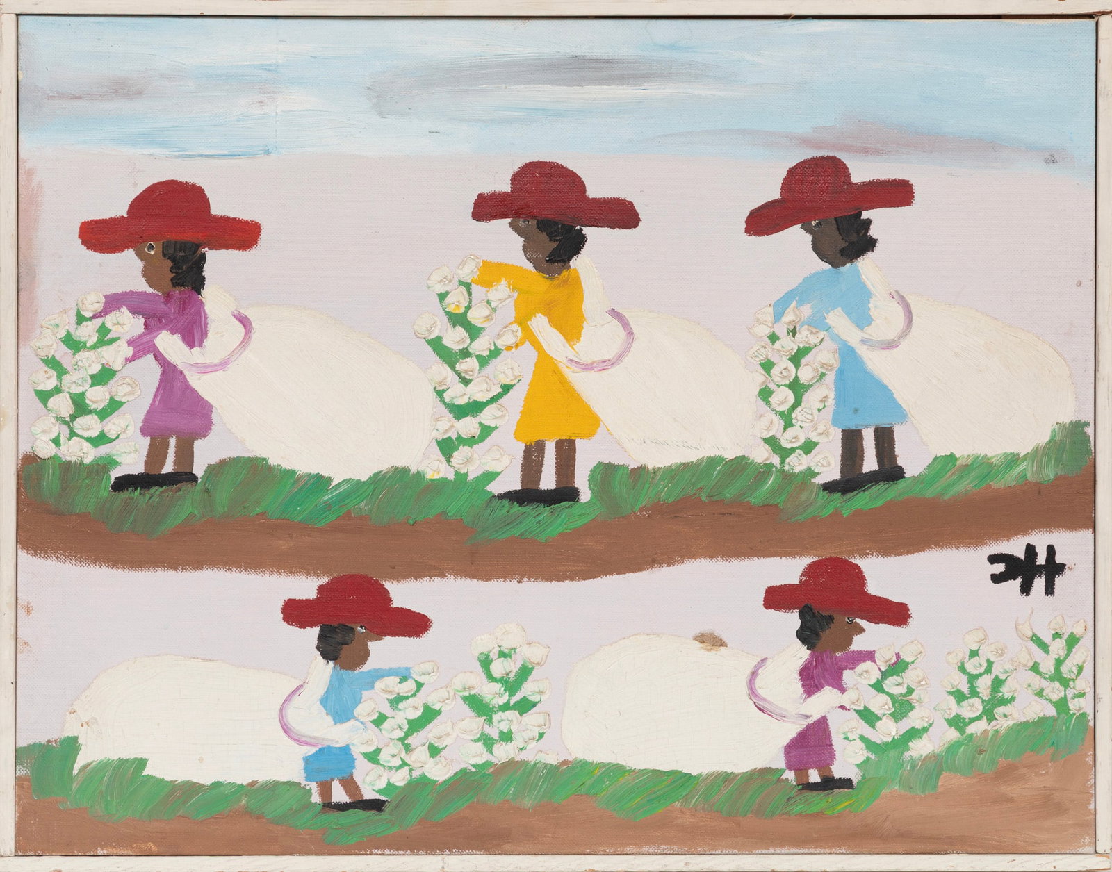 Clementine Hunter, Picking Cotton, oil on canvas board: Clementine Hunter American/Louisiana, 1886-1988 ?Picking Cotton? oil on canvas board monogrammed mid-right, inscribed with title en verso, framed. 14 x 18 in. (35.6 x 45.7 cm.), Frame: 14 5/8 x 18 5/8