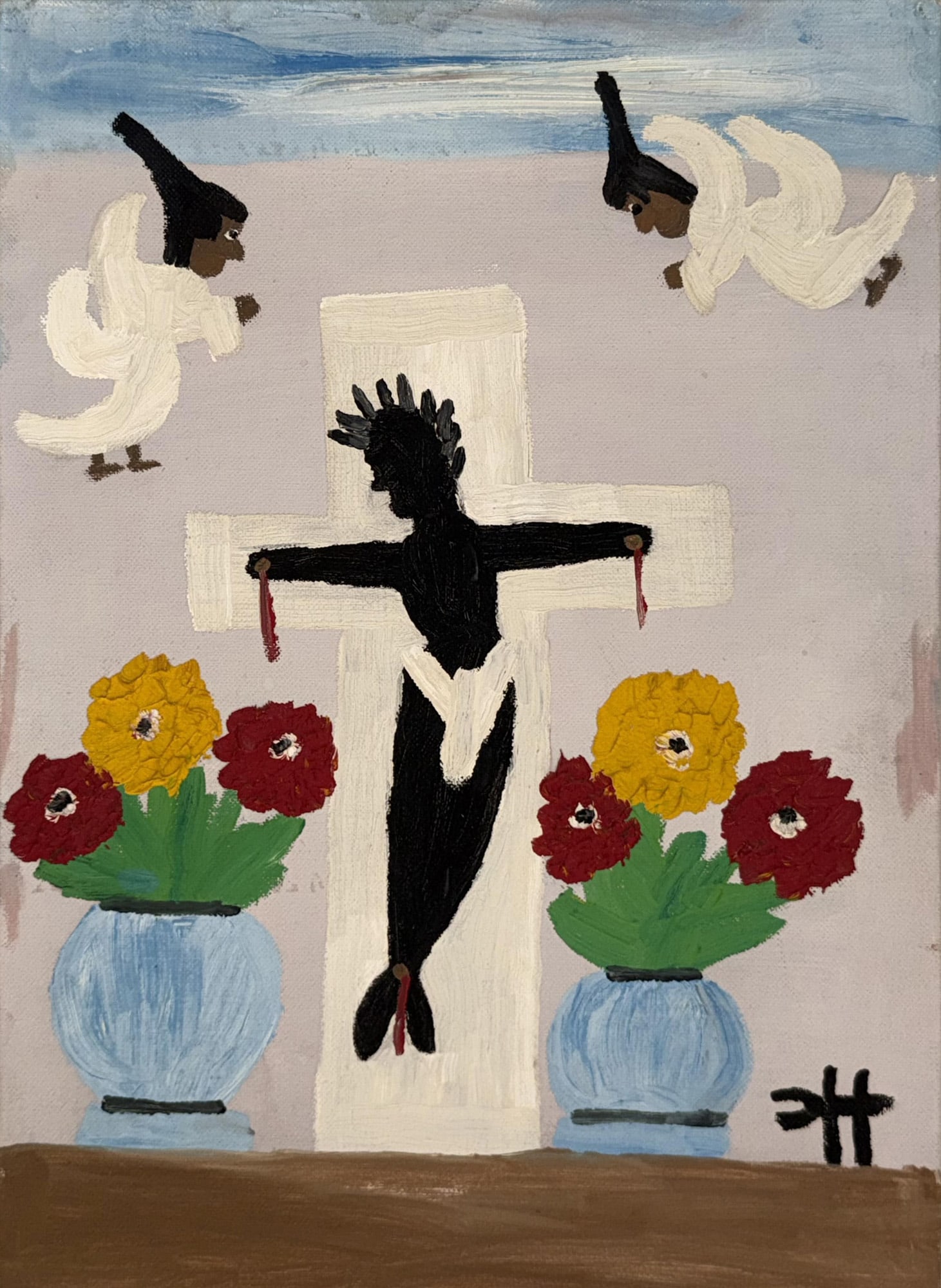 Clementine Hunter, Black Jesus, oil on canvas board: Clementine Hunter American/Louisiana, 1886-1988 ?Black Jesus? oil on canvas board monogrammed lower right, inscribed en verso, framed. 10 x 14 in. (25.4 x 35.6 cm.)