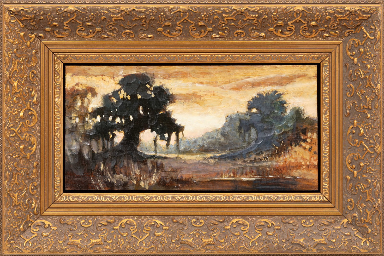 Chestee Harrington, Pirogue on the Bayou and Live Oak, 2 oils on carved wood (1 of 6)