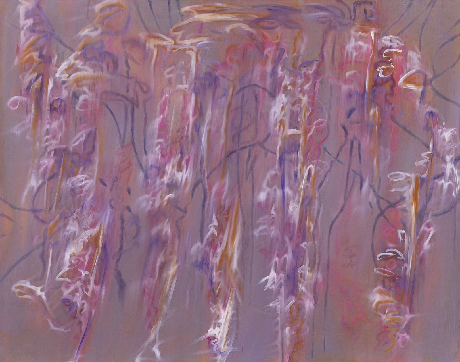 Melissa Bonin, Purple Moss Poetry, 2010, oil on gallery-wrapped canvas: Melissa Bonin American/Louisiana, b. 1960 "Purple Moss Poetry" oil on gallery-wrapped canvas 2010, signed on left edge, signed, titled and dated en verso, unframed. 38 x 48 x 3 1/4 in. (96.5 x 121.9 x