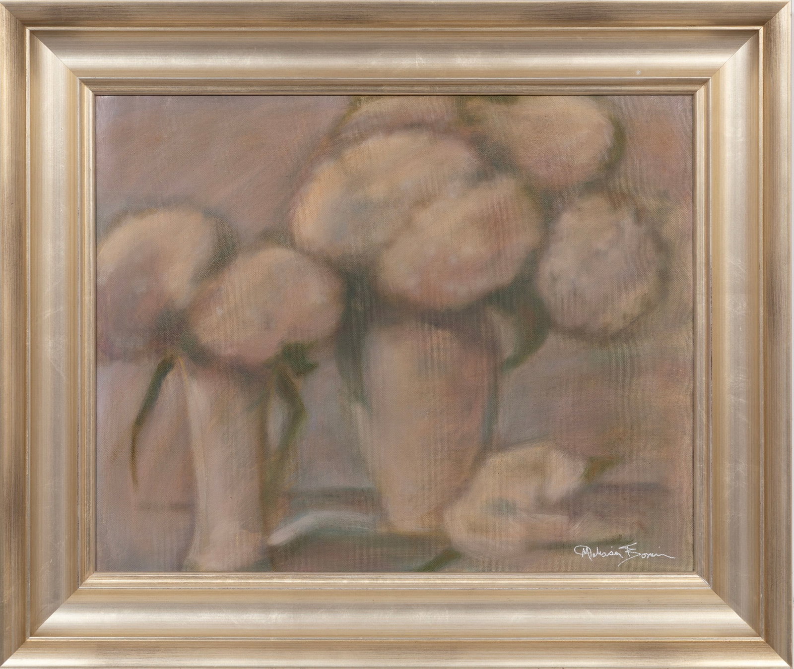 Melissa Bonin, Hydrangeas I, c. 1990s, oil on canvas: Melissa Bonin American/Louisiana, b. 1960 "Hydrangeas I" oil on canvas c. 1990s, signed lower right, signed, titled and dated en verso, framed. 16 x 20 in. (40.6 x 50.8 cm.), Frame: 21 5/8 x 25 5/8 x 