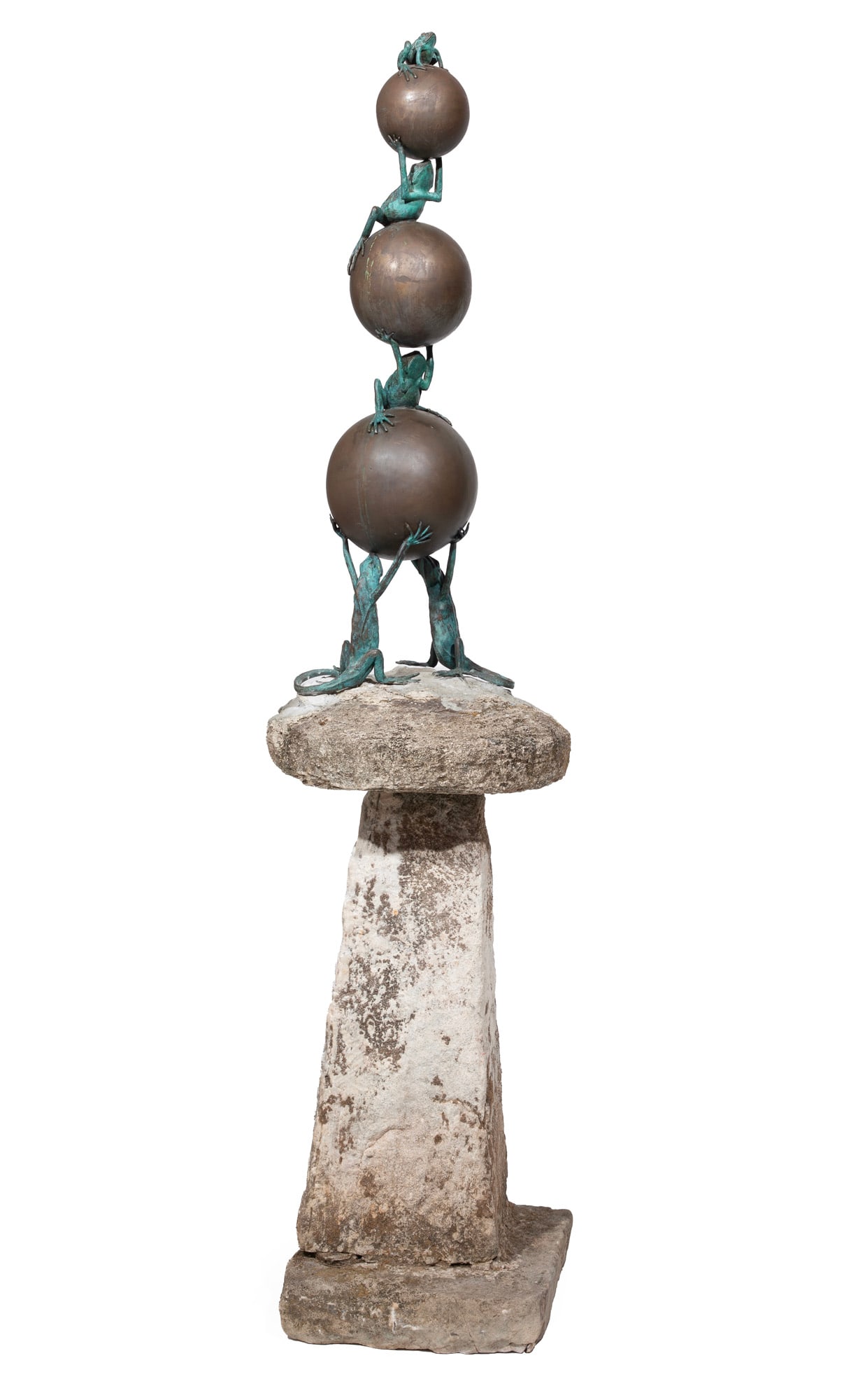 Exceptional Frank Fleming, Lizard and Frog Totem, bronze on found staddle stone, h. 82 1/2 in.: Frank Fleming American/Alabama, 1940-2018 ?Lizard and Frog Totem? bronze on found staddle stone signed on tail of lizard. 82 1/2 x 23 x 21 in. (209.6 x 58.4 x 53.3 cm.)