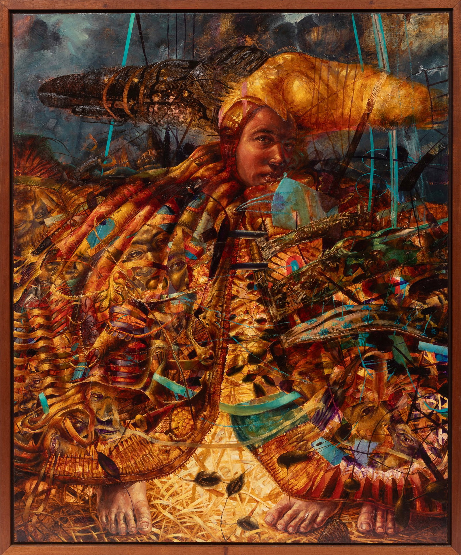 Keith Perelli, Quilting the Discomfort of His Past, 2000, oil on panel: Keith Perelli American/Louisiana, b. 1968 "Quilting the Discomfort of His Past" oil on panel 2000, signed, titled and dated en verso, framed. 43 7/8 x 36 in. (111.4 x 91.4 cm.), Frame: 46 1/4 x 38 1/4