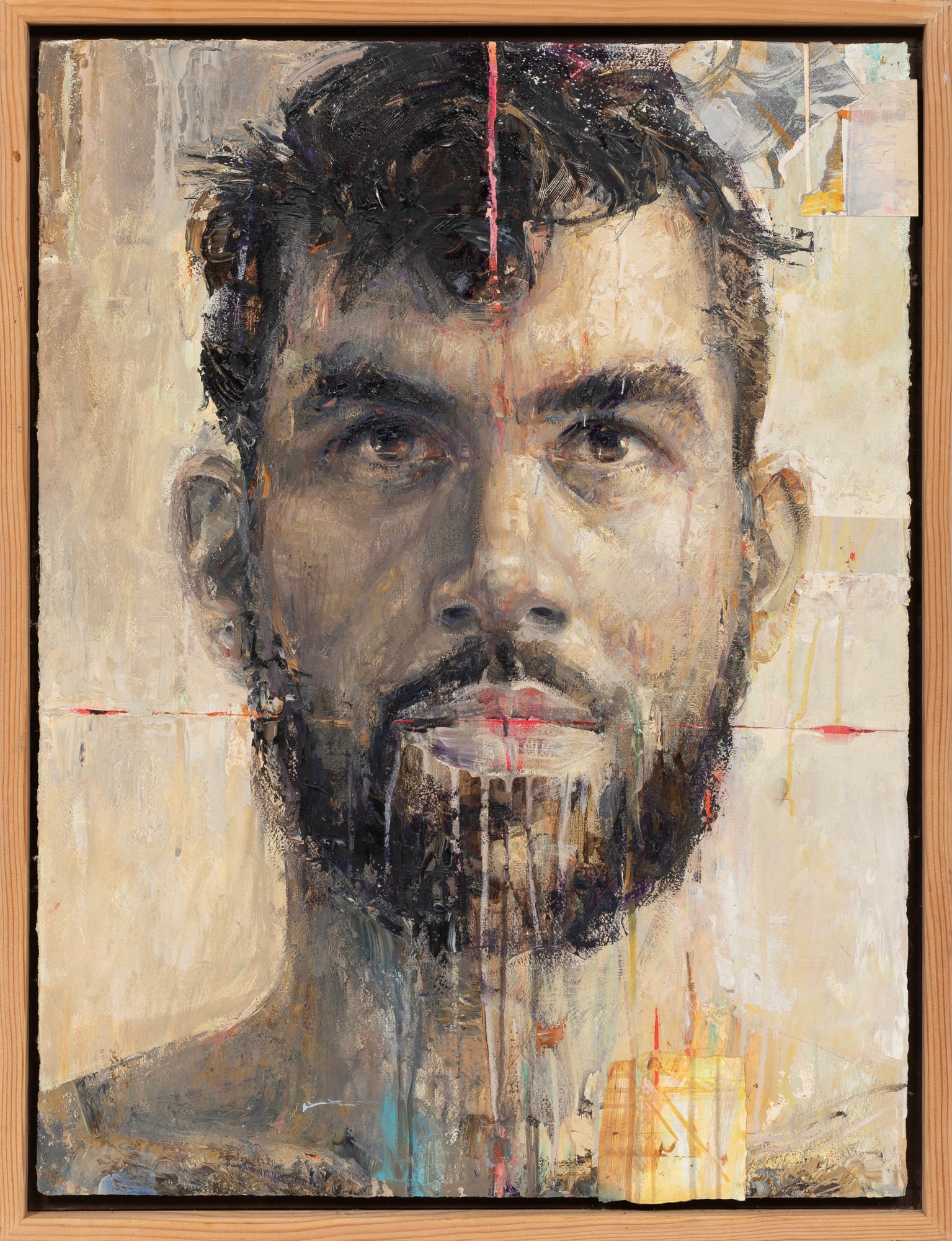 Keith Perelli, Bullseye, mixed media collage: Keith Perelli American/Louisiana, b. 1968 "Bullseye" mixed media collage on heavy paper laid on panel unsigned, artist business card taped en verso, framed. 30 x 22 5/8 in. (76.2 x 57.5 cm.), Frame: 3