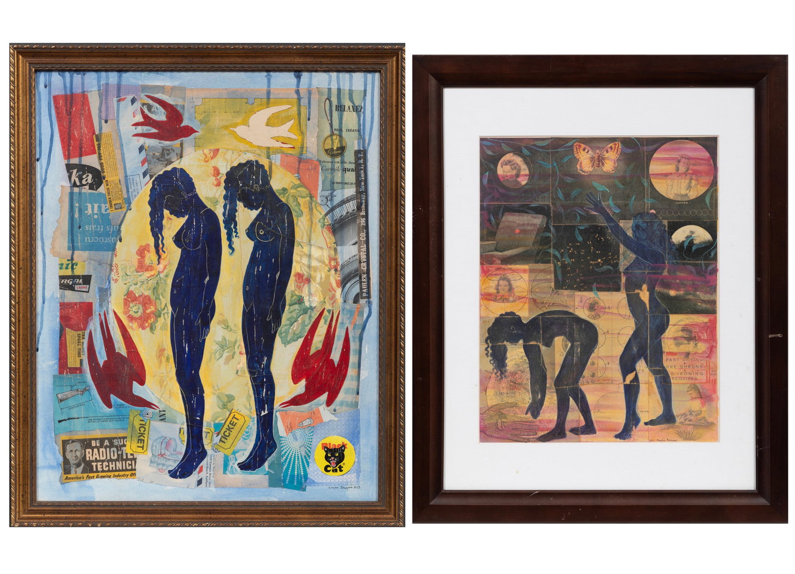 Douglas Bourgeois, Midnight Femmes and Aligning with the Stars, 2 mixed media collages on board: Douglas Bourgeois American/Louisiana, b. 1951 "Midnight Femmes" and "Aligning with the Stars" 2 mixed media collages on board 2013 and 2011, each signed and dated lower right, one titled and inscribed