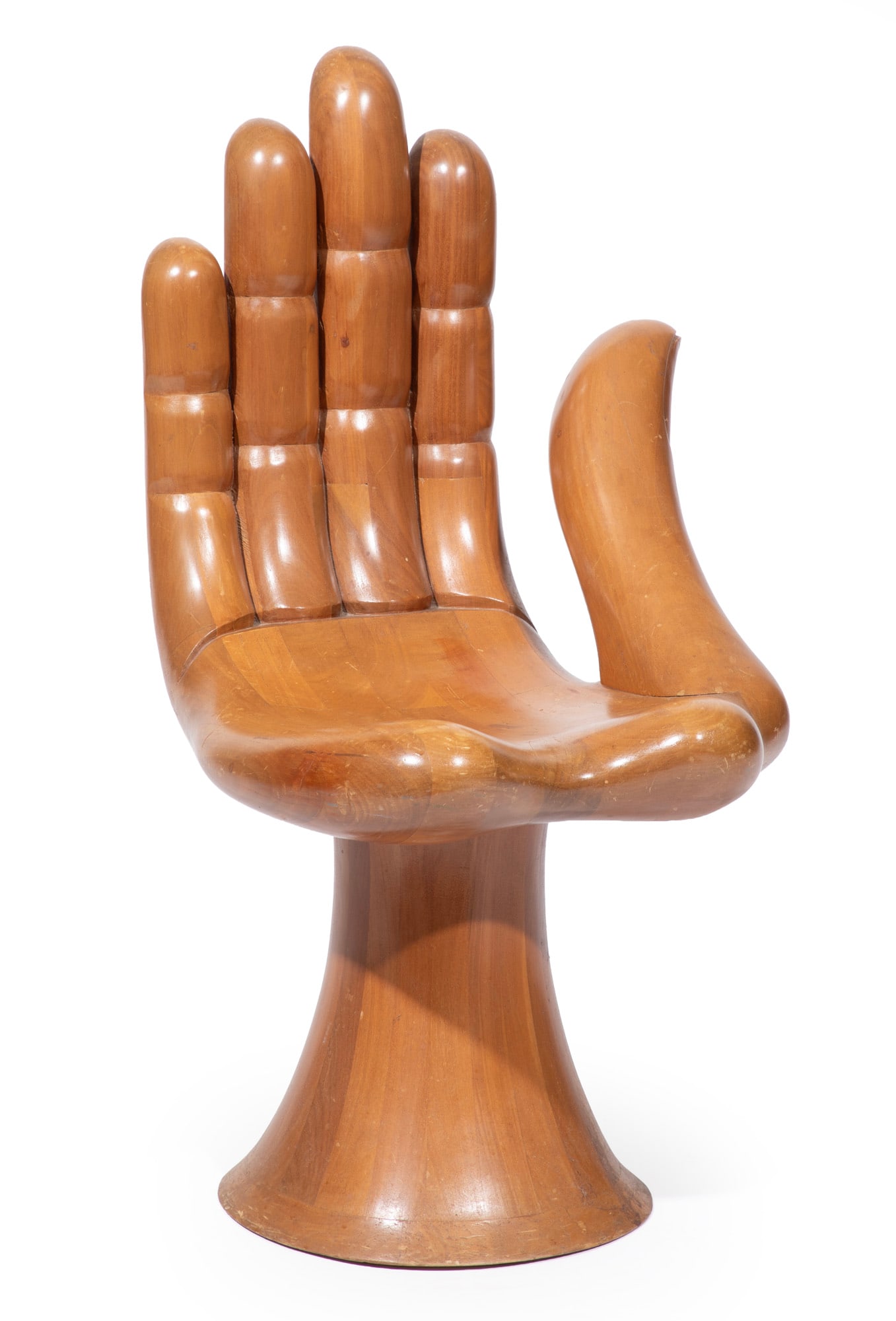 Pedro Friedeberg, Hand Chair, carved wood: Pedro Friedeberg Mexican, 1937-2026 "Hand Chair" carved wood unsigned, 4 "Galerias Iturbide S.A., Gerente Oscar Herner, Mexico" stamps on underside. 32 1/2 x 20 x 19 in. (82.6 x 50.8 x 48.3 cm.)