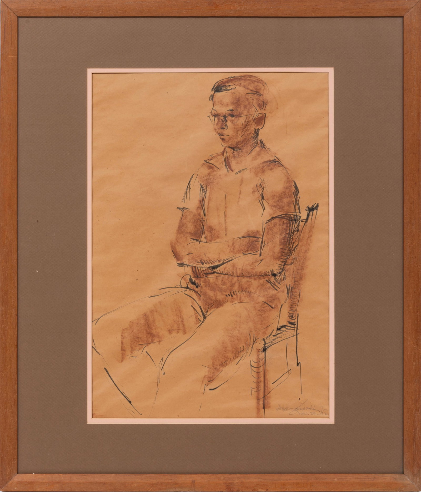 William R. Hollingsworth, Jr., Seated Man, watercolor and sanguine on rice paper (1 of 4)