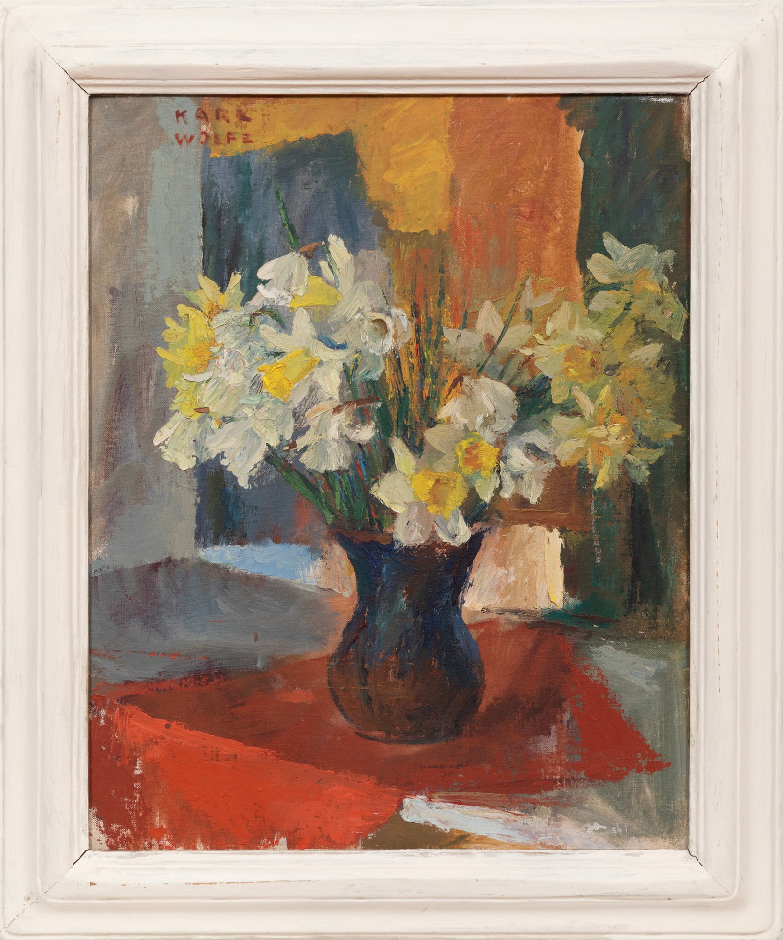 Karl Wolfe, Daffodils, oil on canvas board: Karl Wolfe American/Mississippi, 1904-1985 "Daffodils" oil on canvas board signed upper left, artist inscribed en verso, framed. 19 3/4 x 15 3/4 in. (50.2 x 40 cm.), Frame: 24 5/8 x 20 5/8 x 2 in. (62